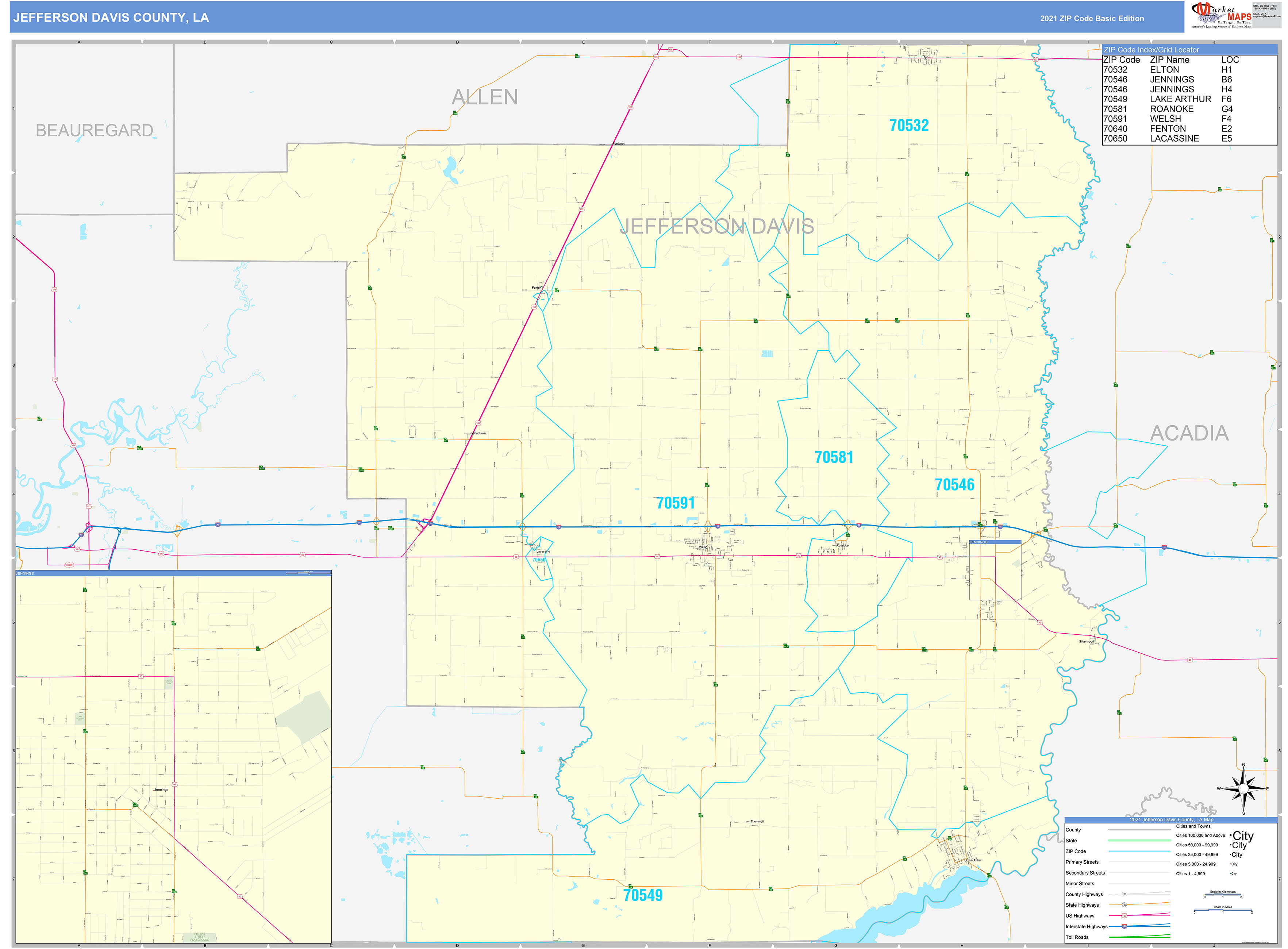 Jefferson Davis County LA Zip Code Wall Map Basic Style By MarketMAPS   JeffersonDavis LA 