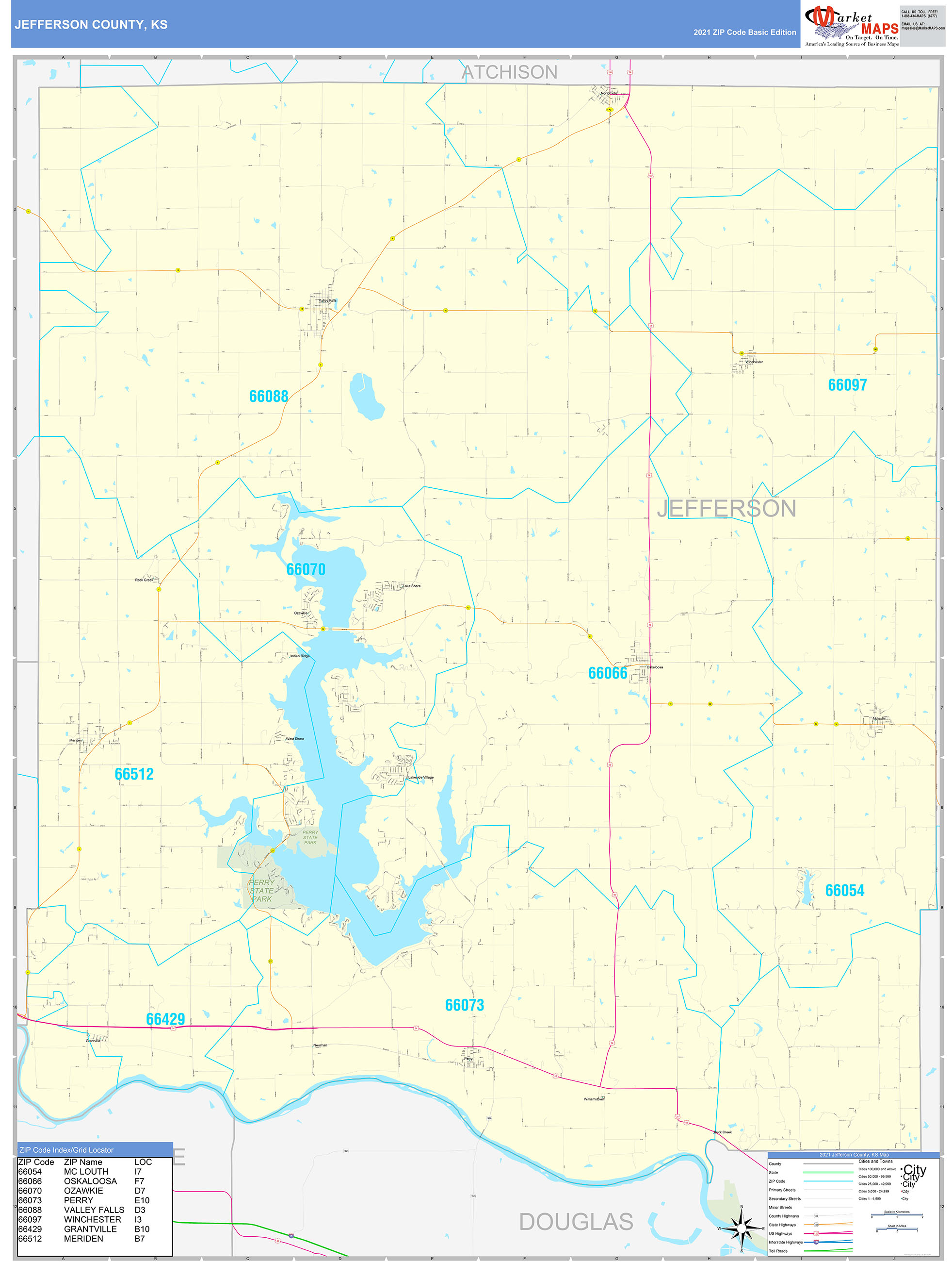 Jefferson County KS Zip Code Wall Map Basic Style by MarketMAPS