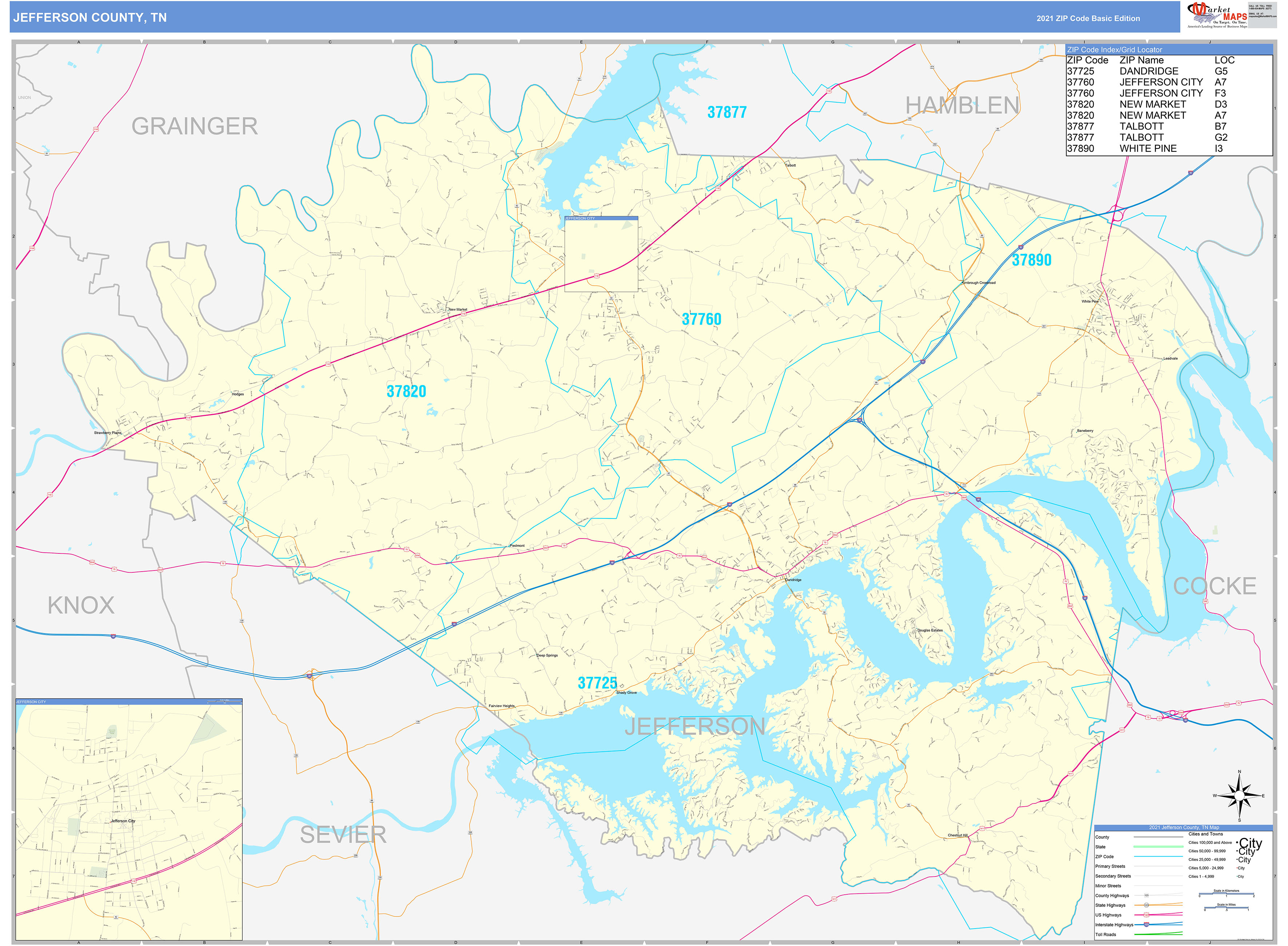 Jefferson County, TN Zip Code Wall Map Basic Style by MarketMAPS