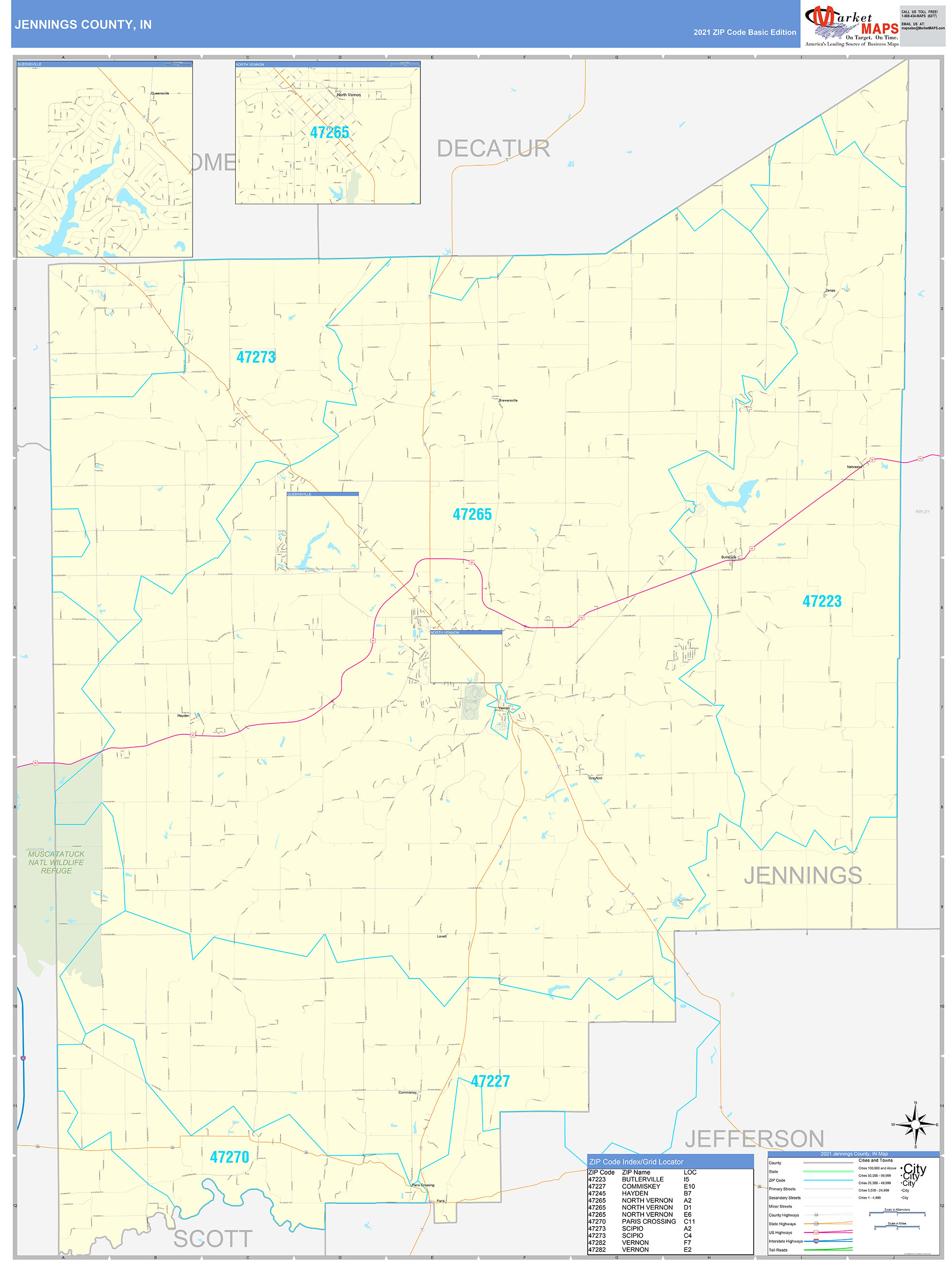 Jennings County, IN Zip Code Wall Map Basic Style by MarketMAPS