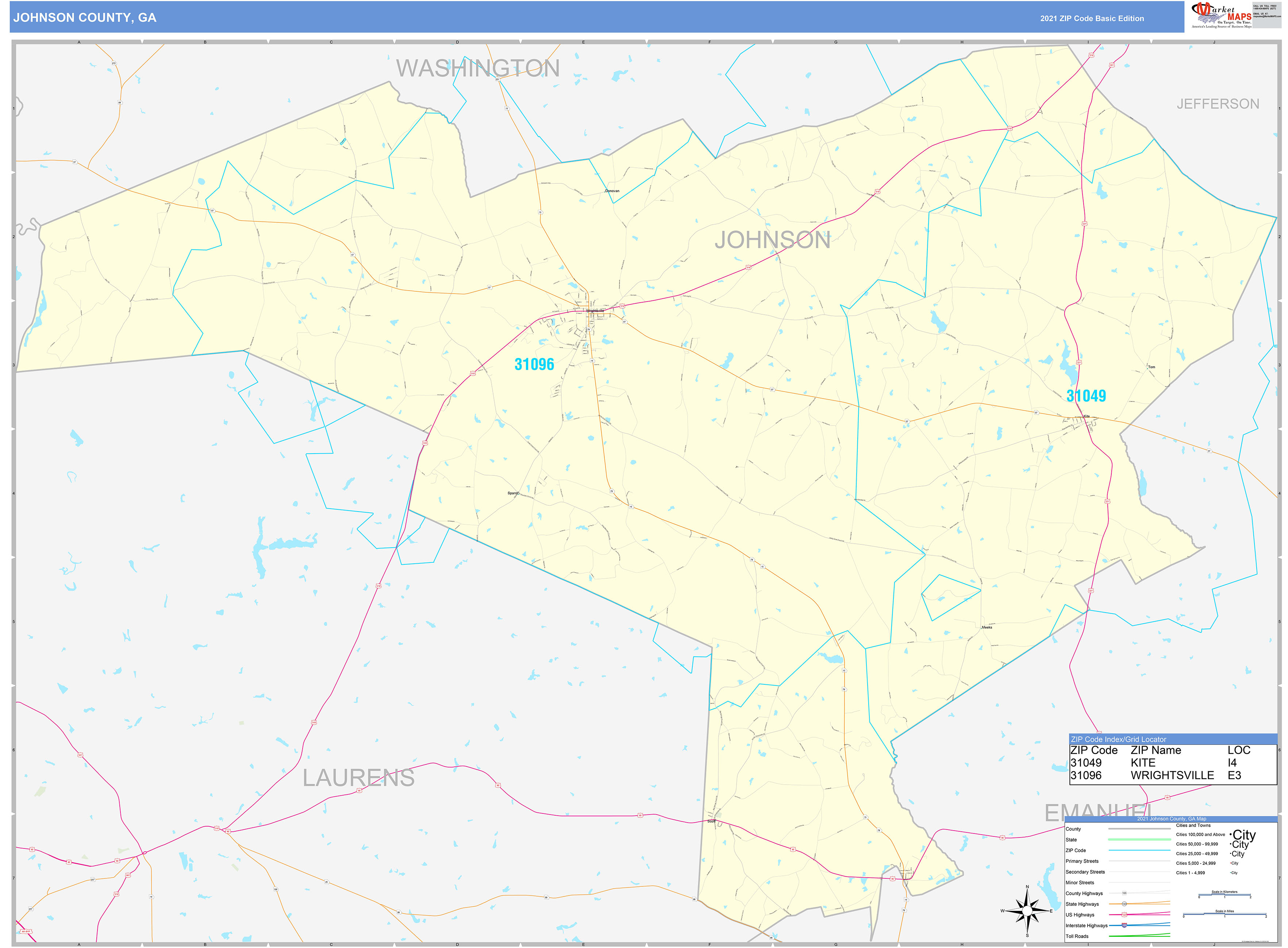 Johnson County, GA Zip Code Wall Map Basic Style by MarketMAPS - MapSales