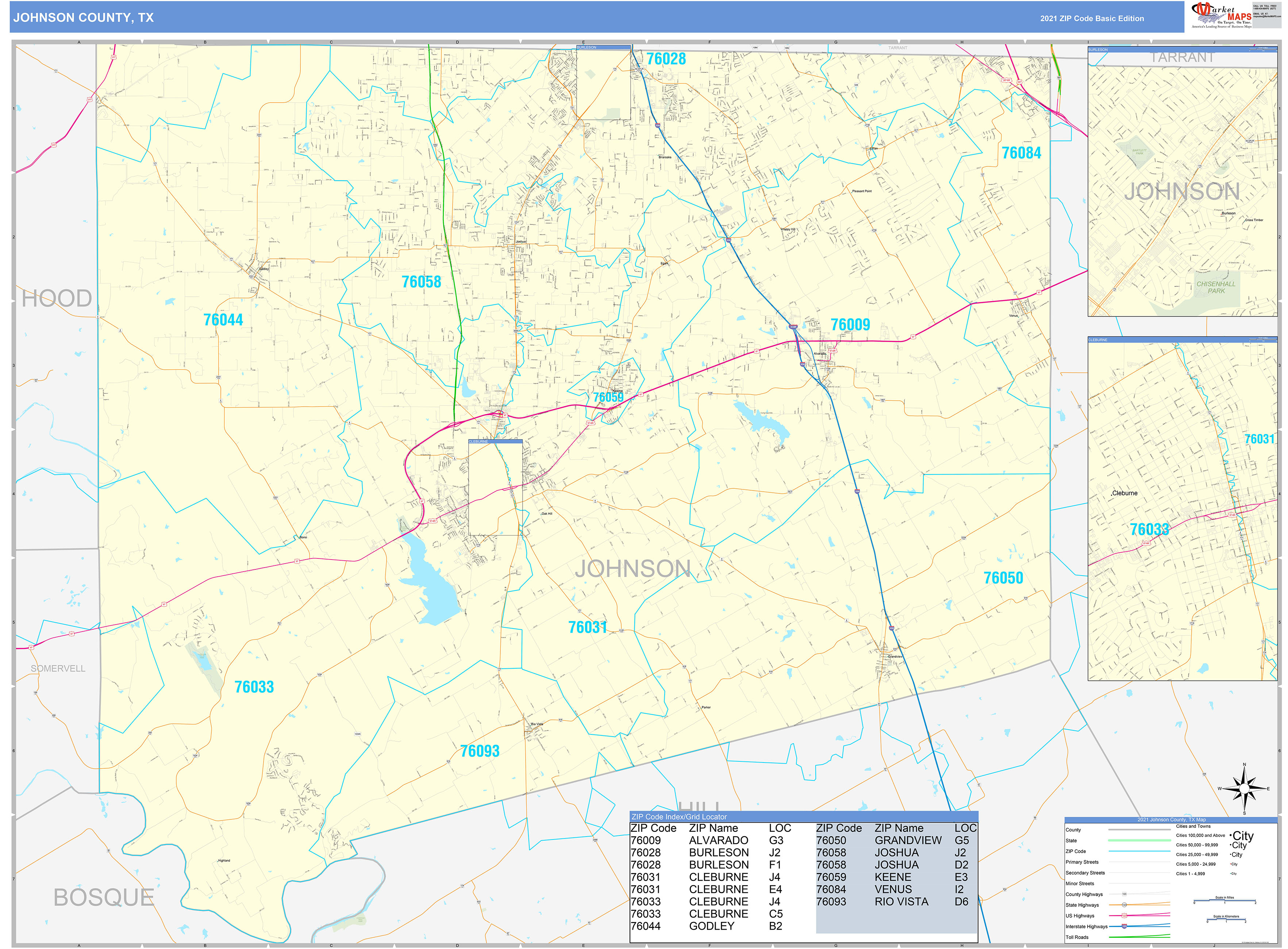 Johnson County, TX Zip Code Wall Map Basic Style by MarketMAPS - MapSales