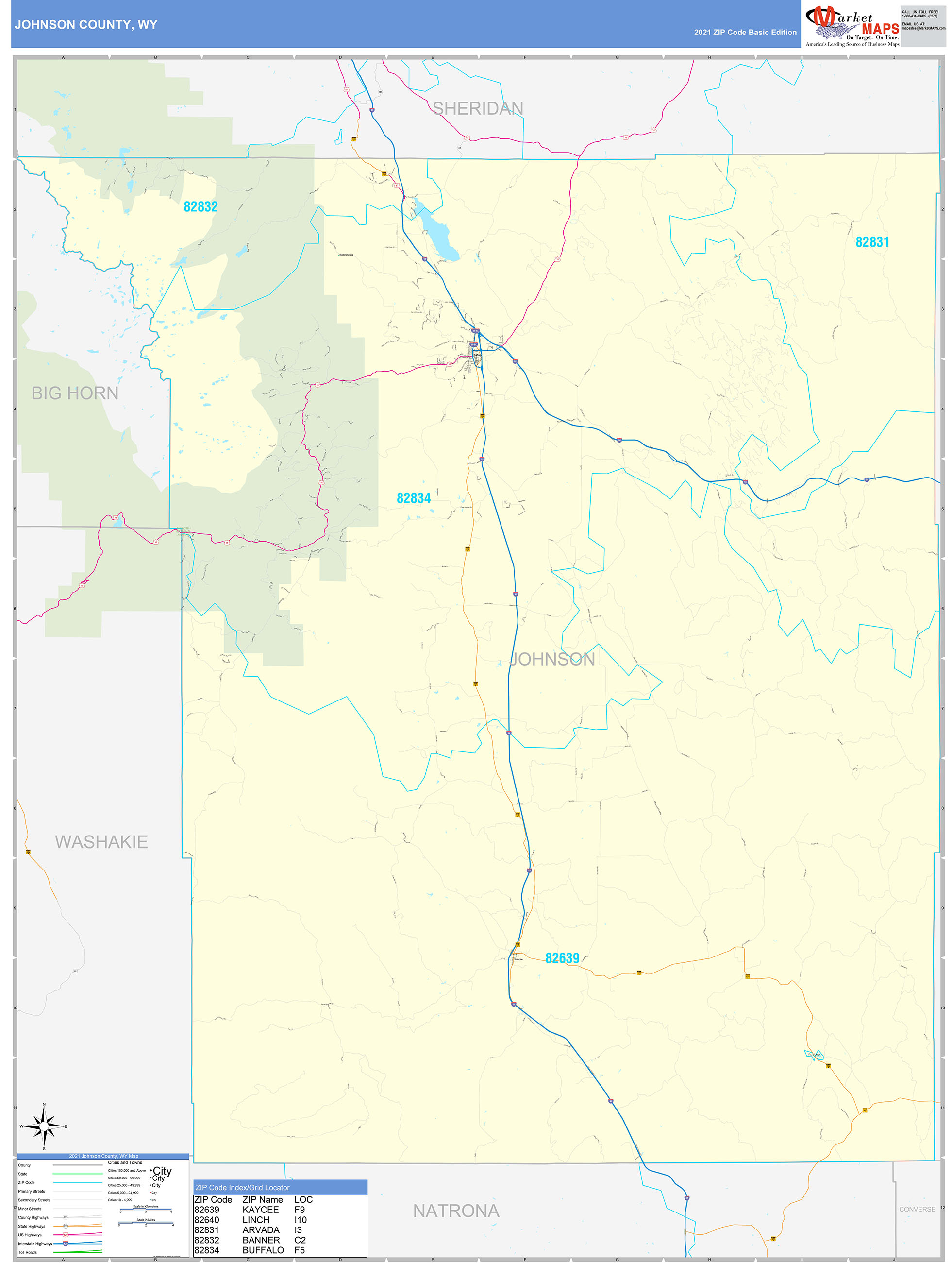 Johnson County, WY Zip Code Wall Map Basic Style by MarketMAPS