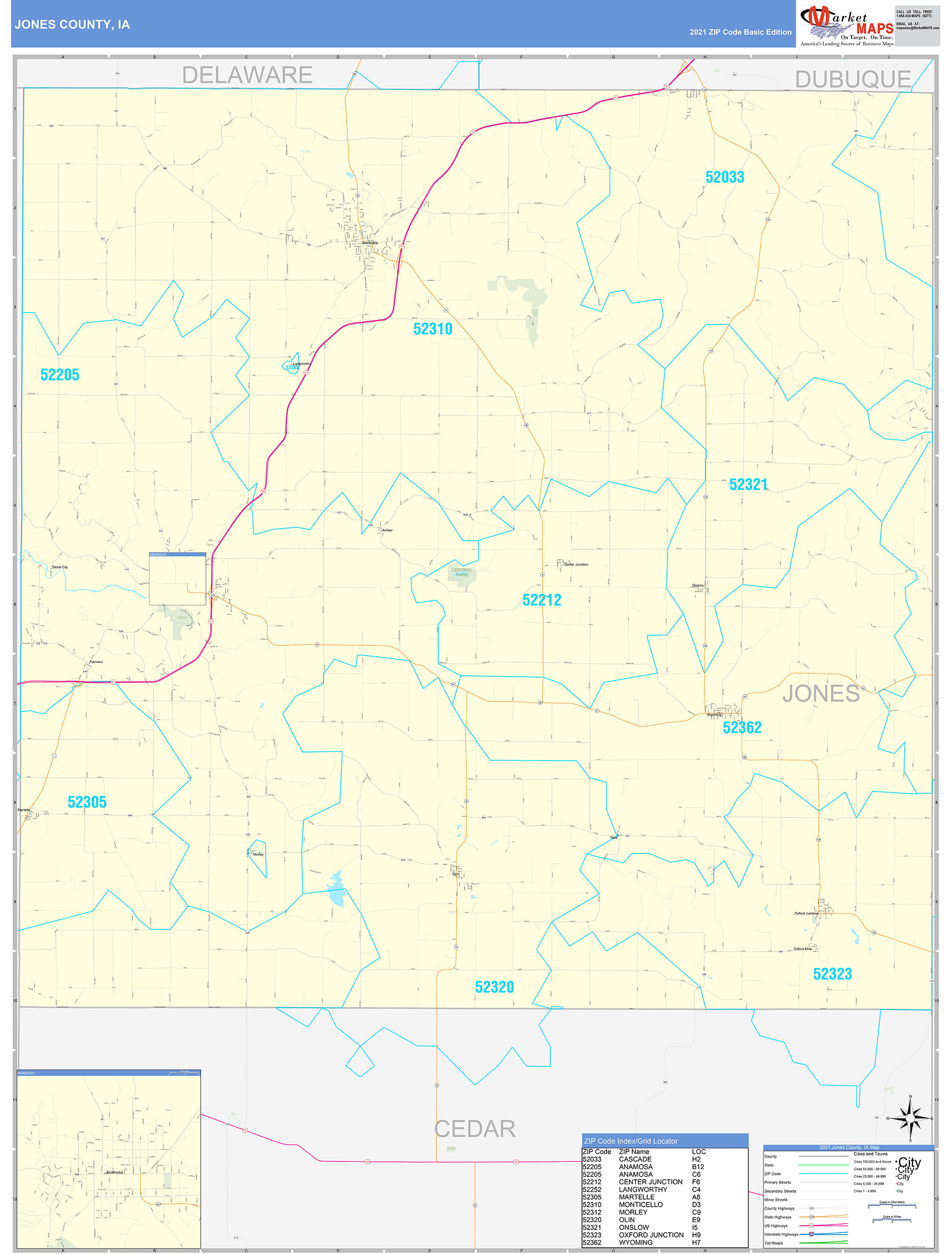 Jones County, IA Zip Code Wall Map Basic Style by MarketMAPS - MapSales.com