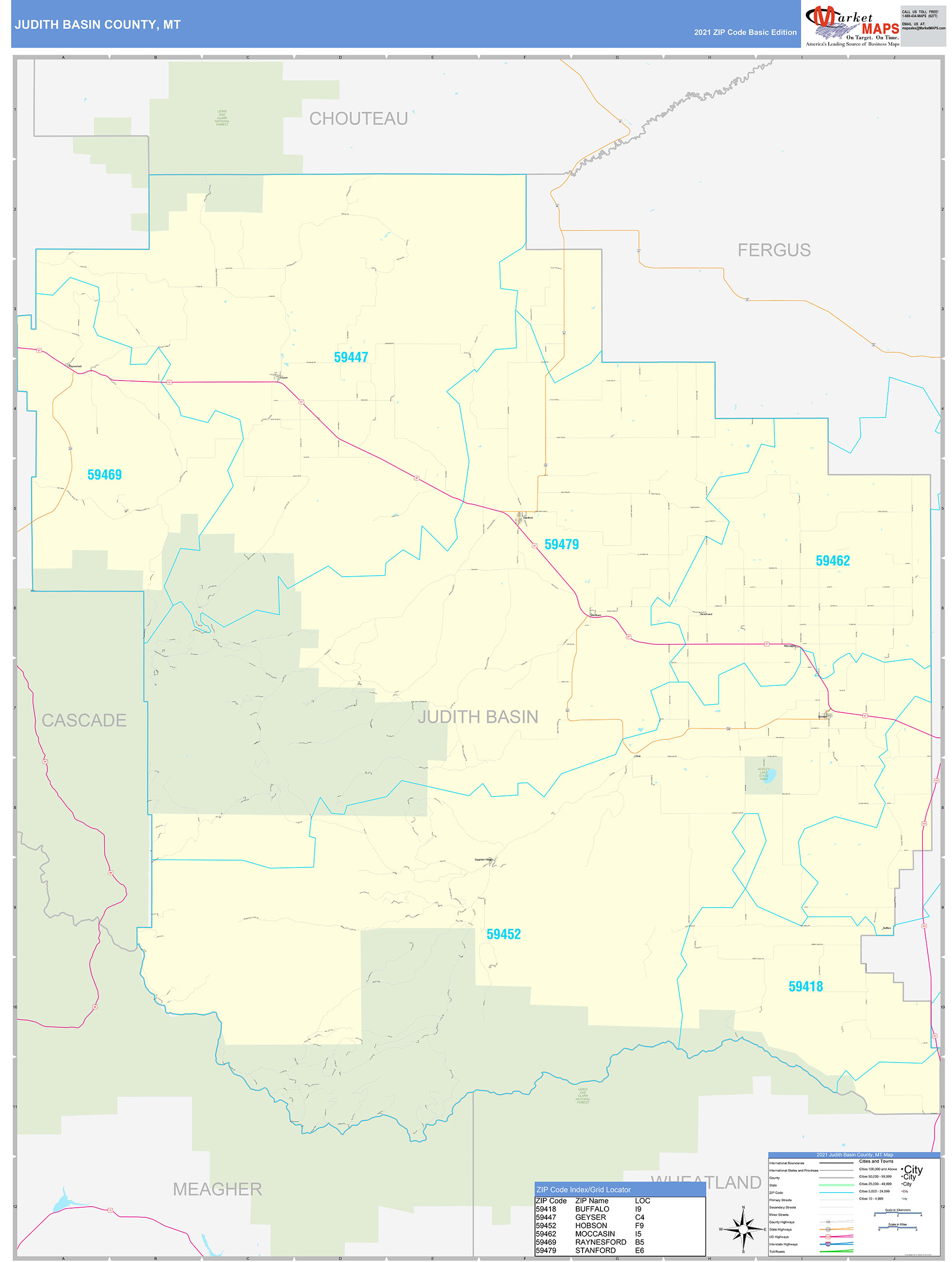 Judith Basin County, MT Zip Code Wall Map Basic Style by MarketMAPS ...