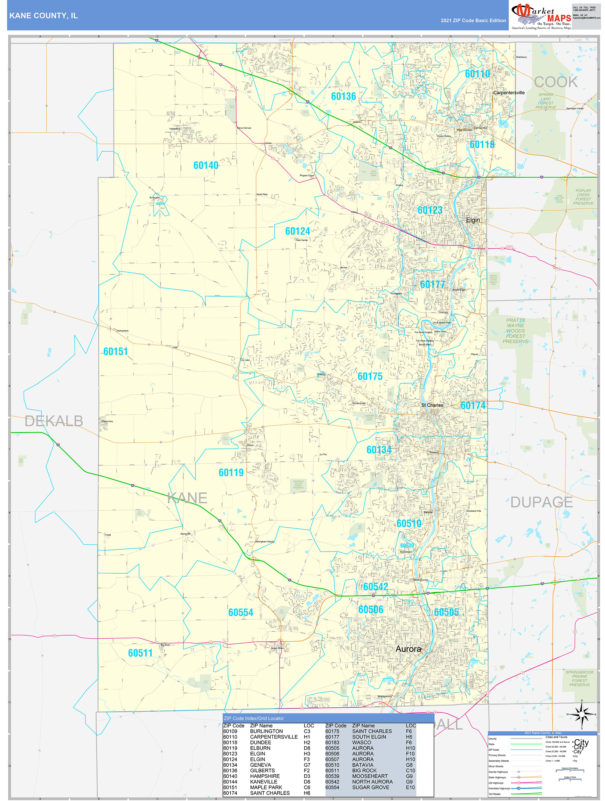 Kane County, IL Zip Code Wall Map Basic Style by MarketMAPS MapSales