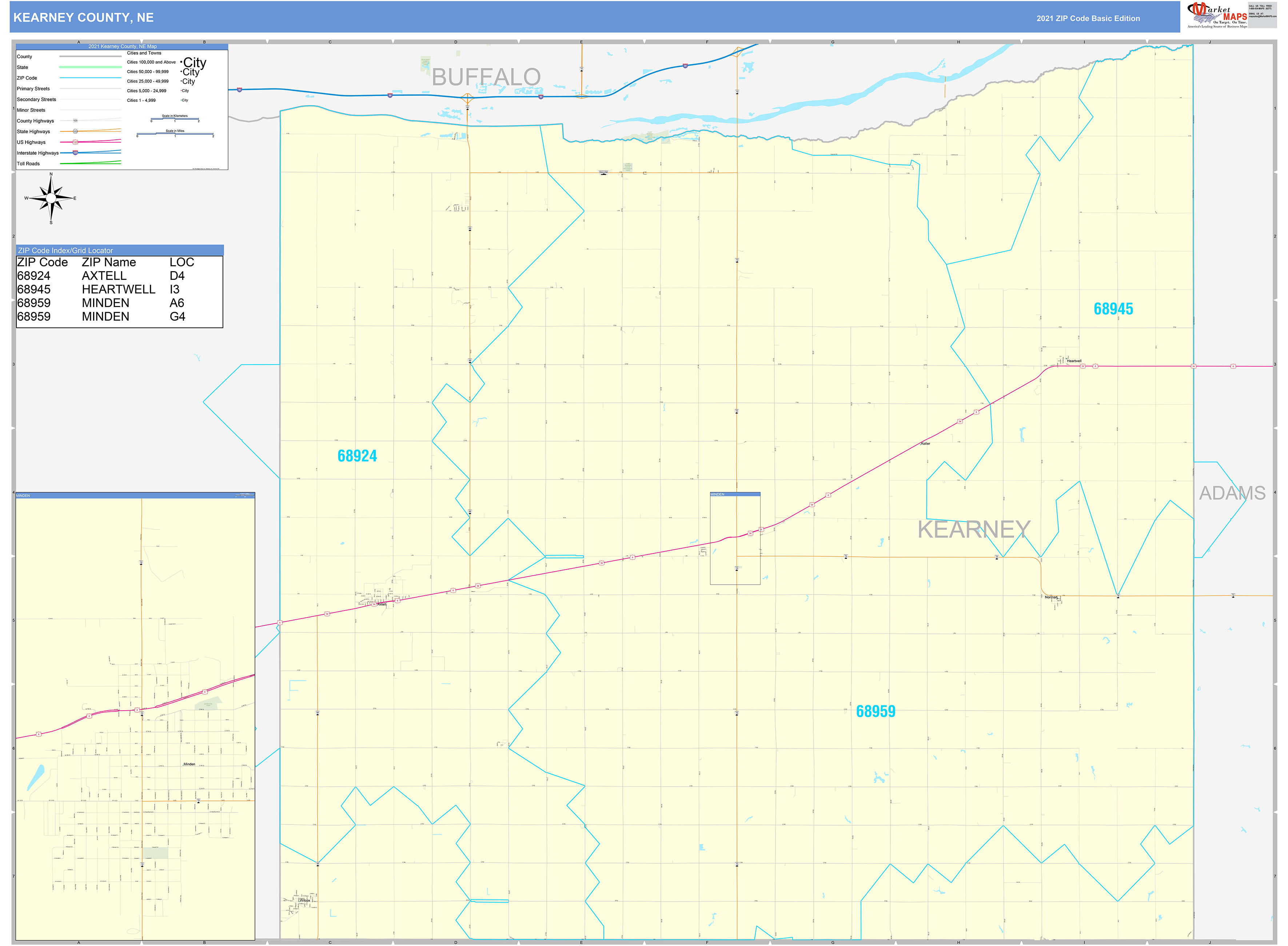 Kearney County, NE Zip Code Wall Map Basic Style by MarketMAPS MapSales