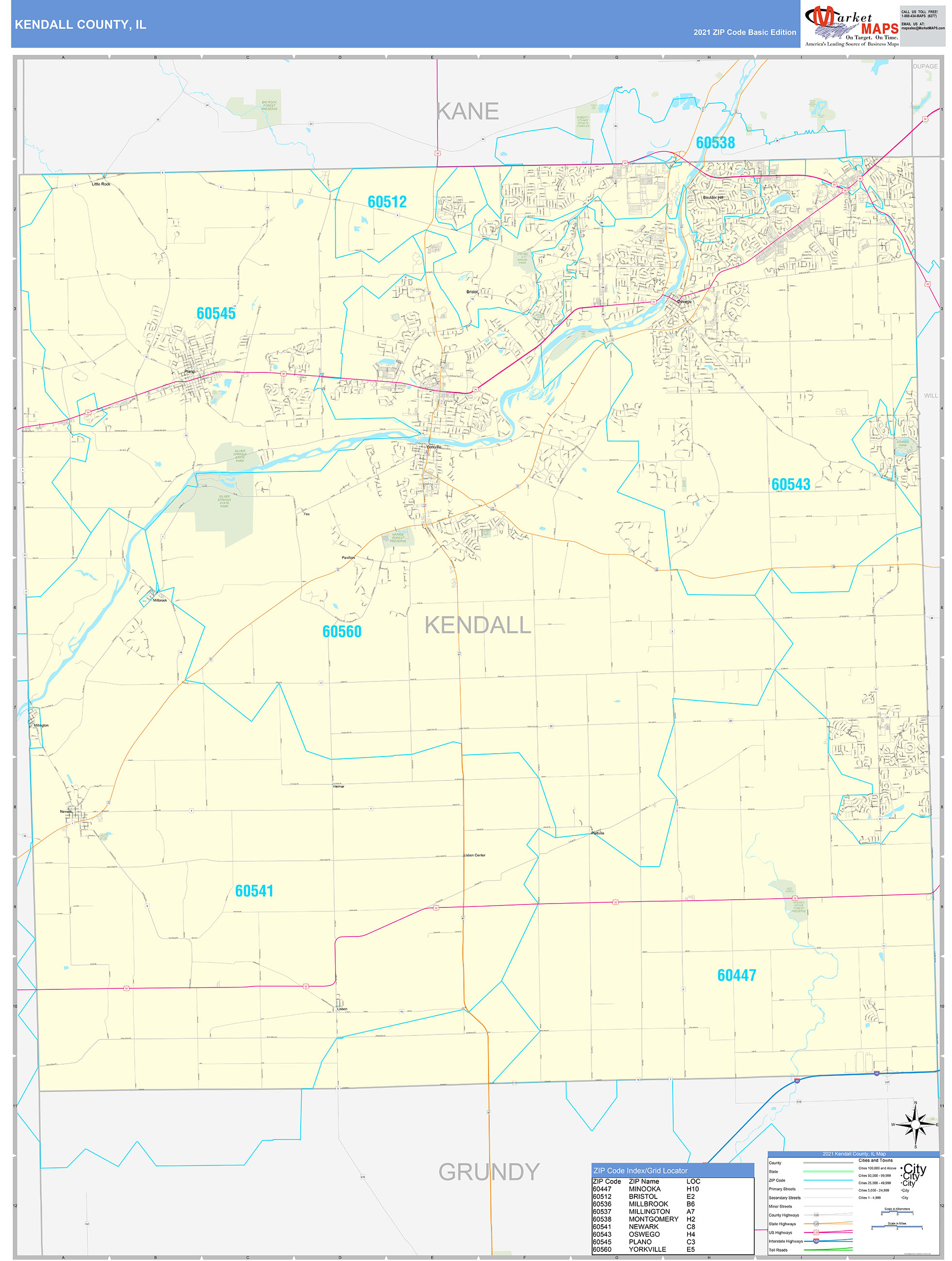 Kendall County IL Zip Code Wall Map Basic Style by MarketMAPS MapSales