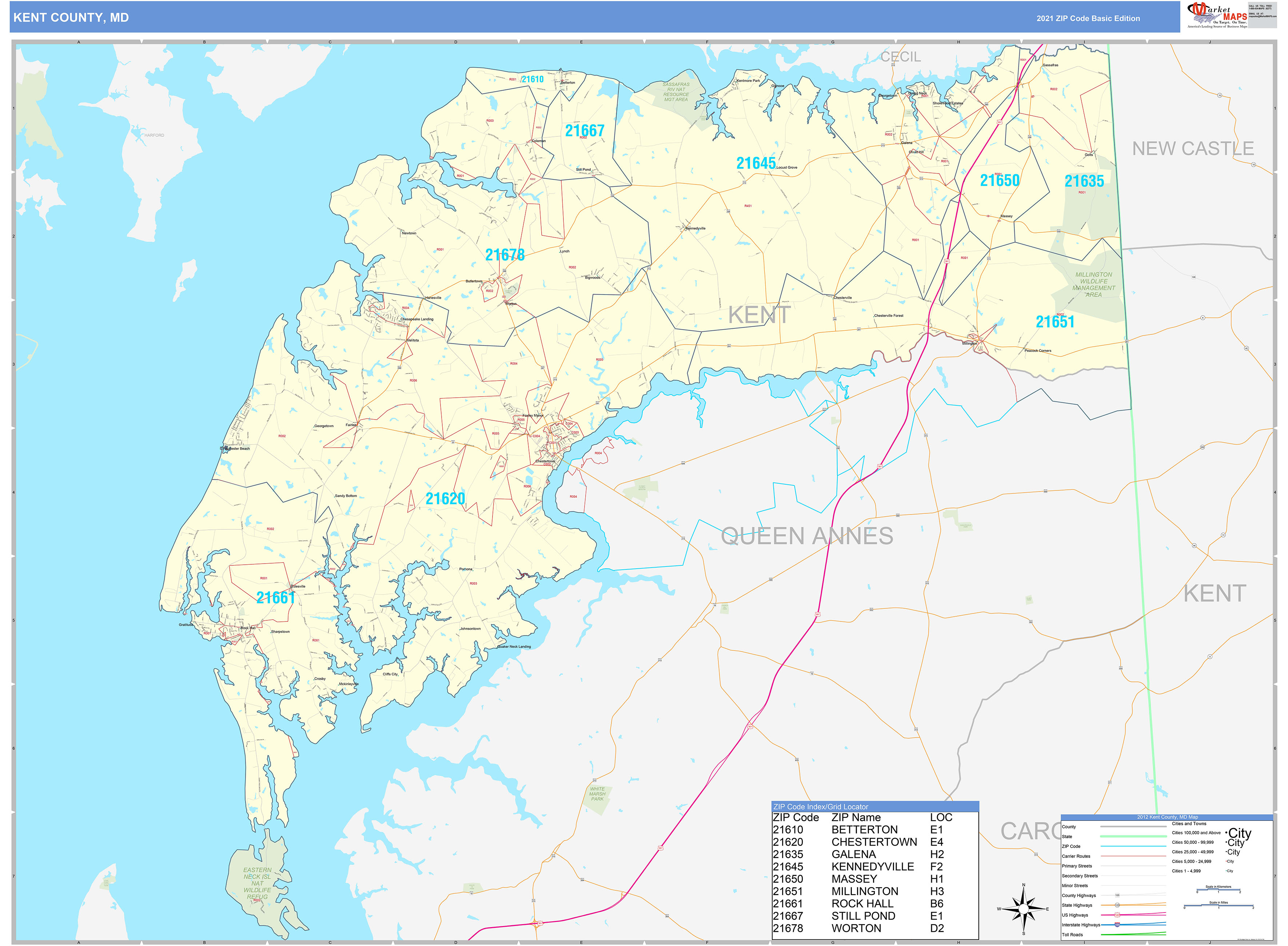 Kent County, MD Zip Code Wall Map Basic Style by MarketMAPS - MapSales