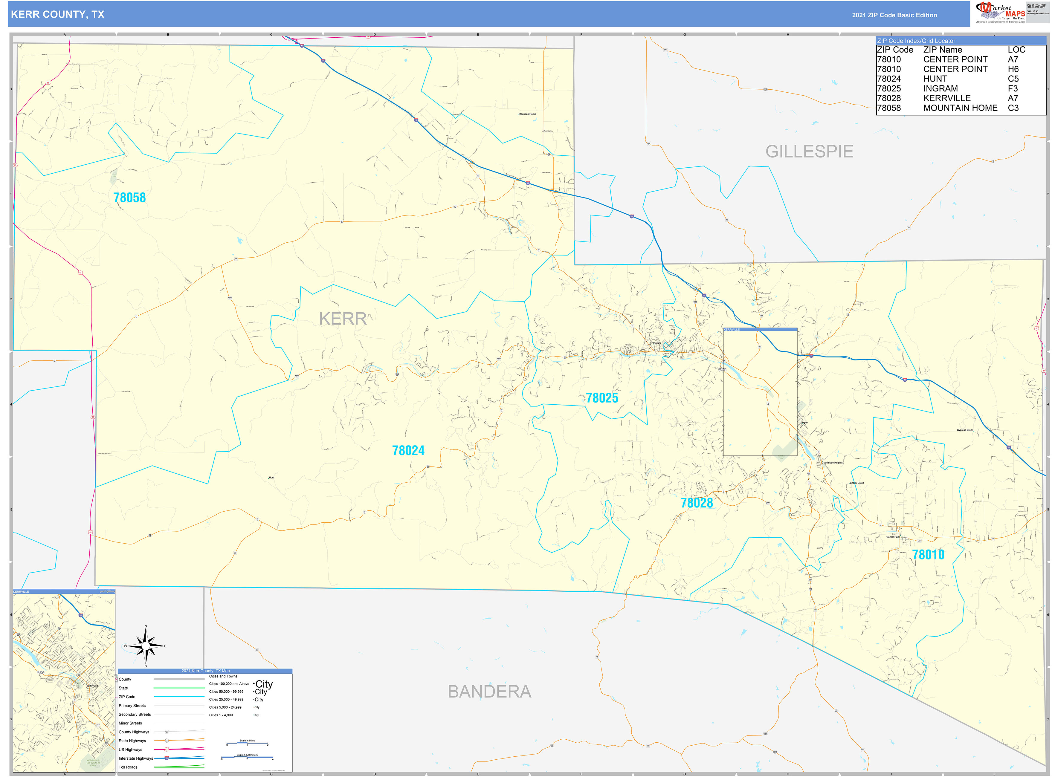 Kerr County, TX Zip Code Wall Map Basic Style by MarketMAPS - MapSales