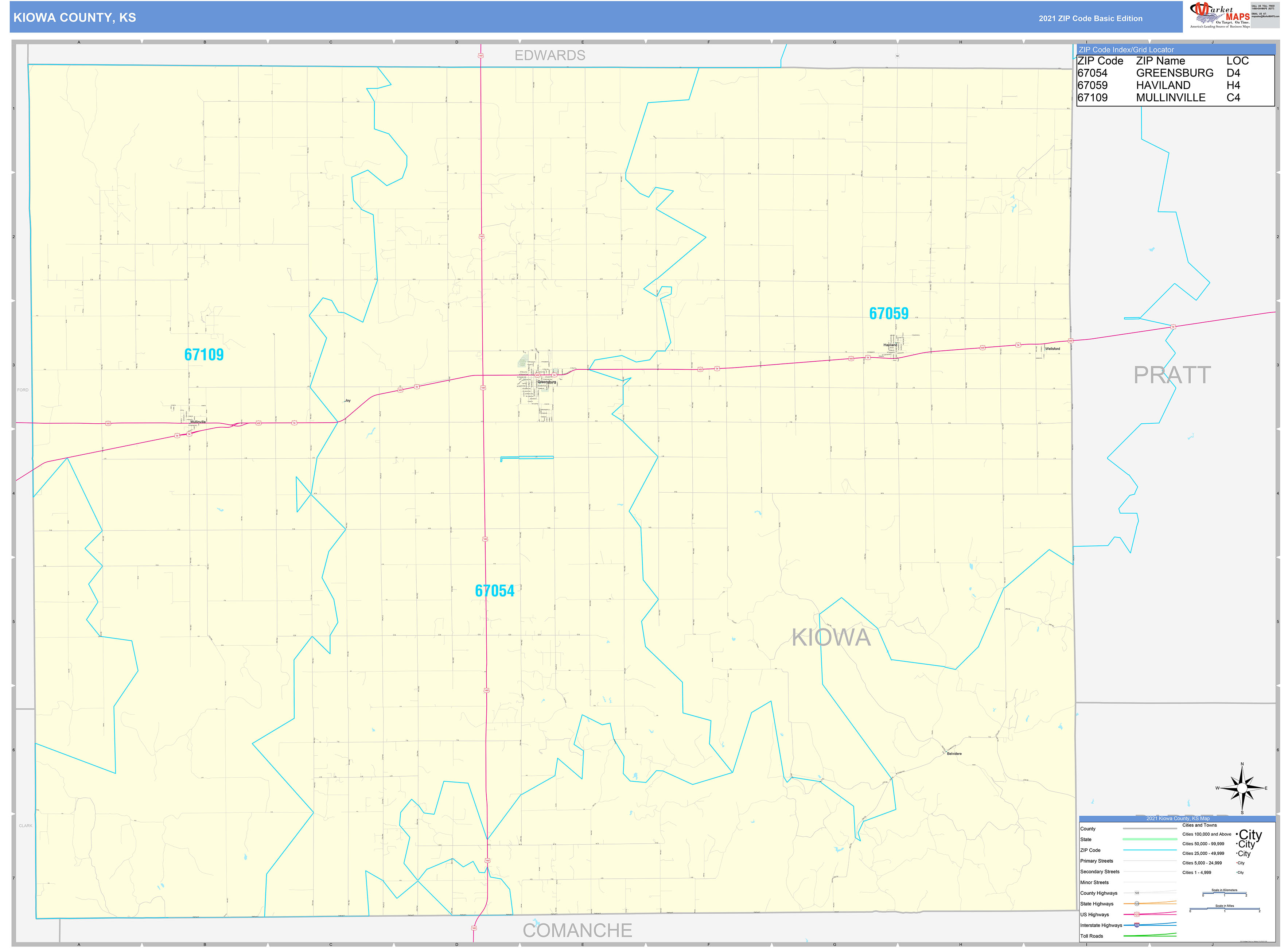 Kiowa County, KS Zip Code Wall Map Basic Style by MarketMAPS