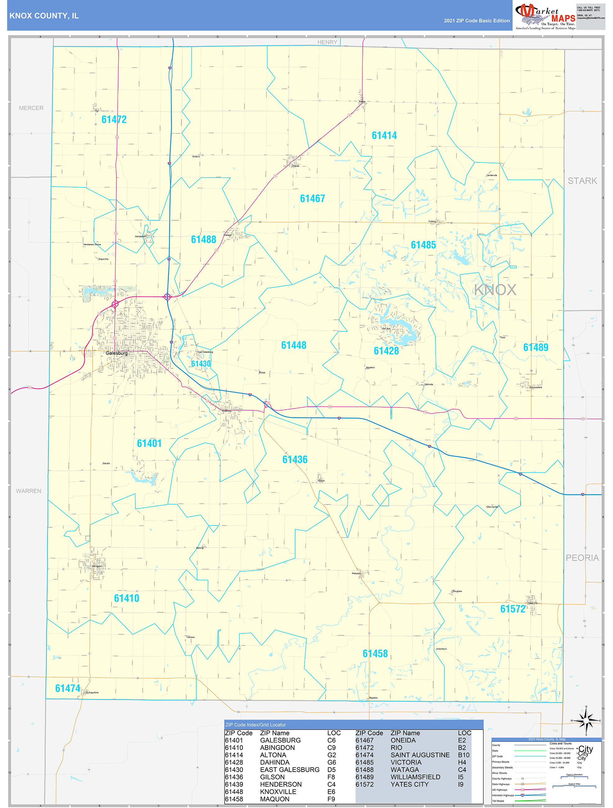 Knox County IL Zip Code Wall Map Basic Style by MarketMAPS MapSales
