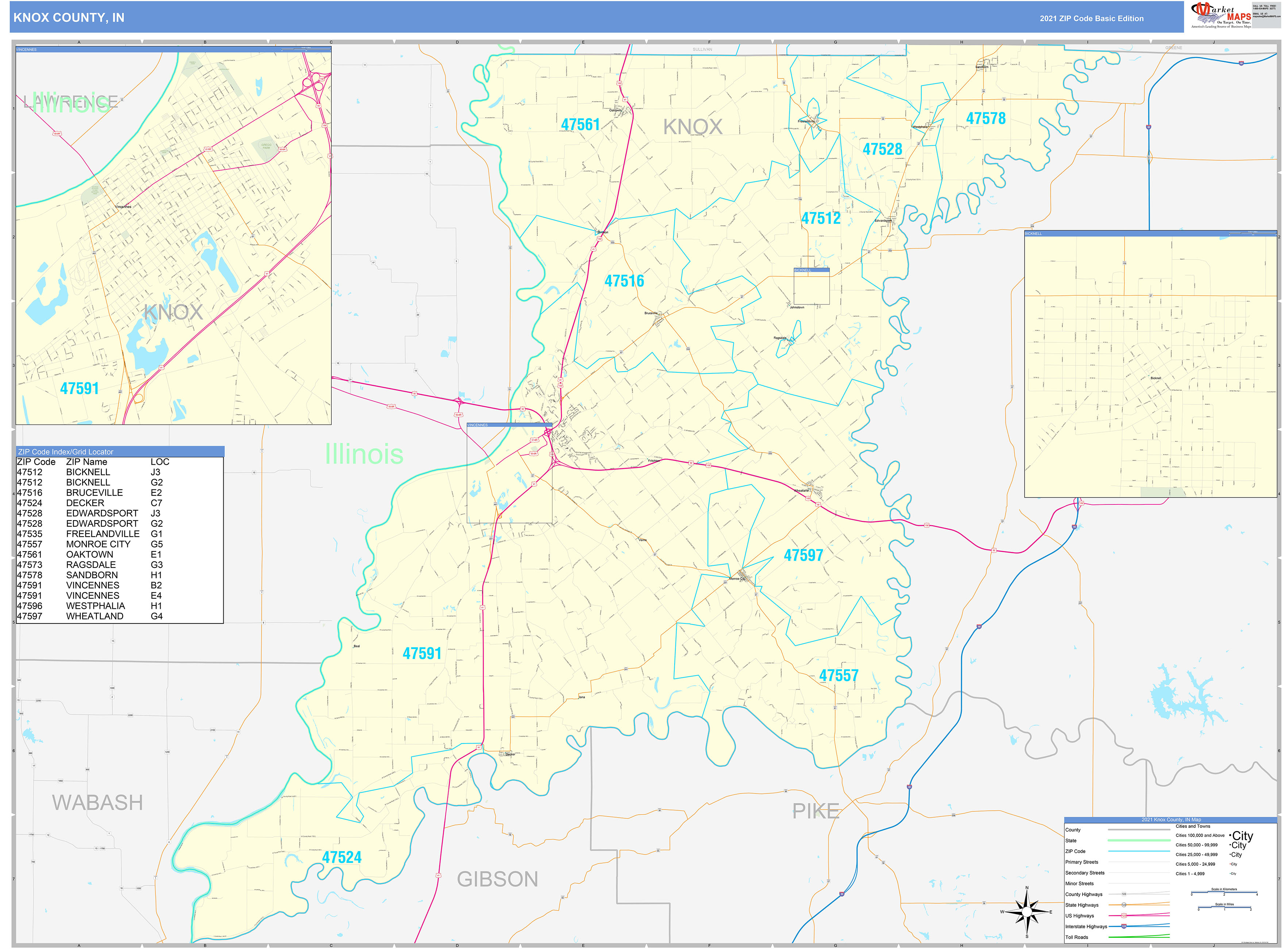 Knox County, IN Zip Code Wall Map Basic Style by MarketMAPS - MapSales.com