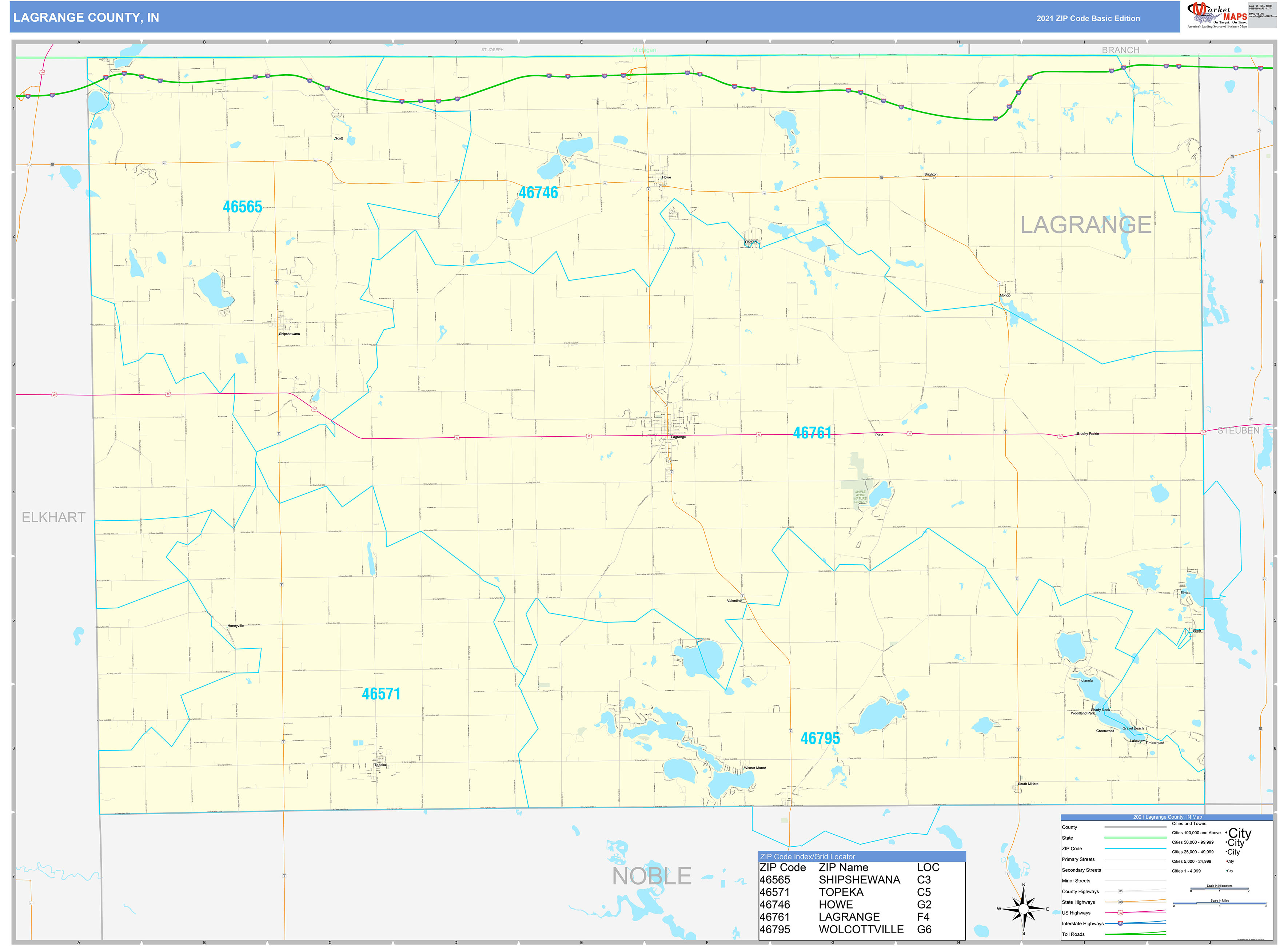 Lagrange County, IN Zip Code Wall Map Basic Style by MarketMAPS