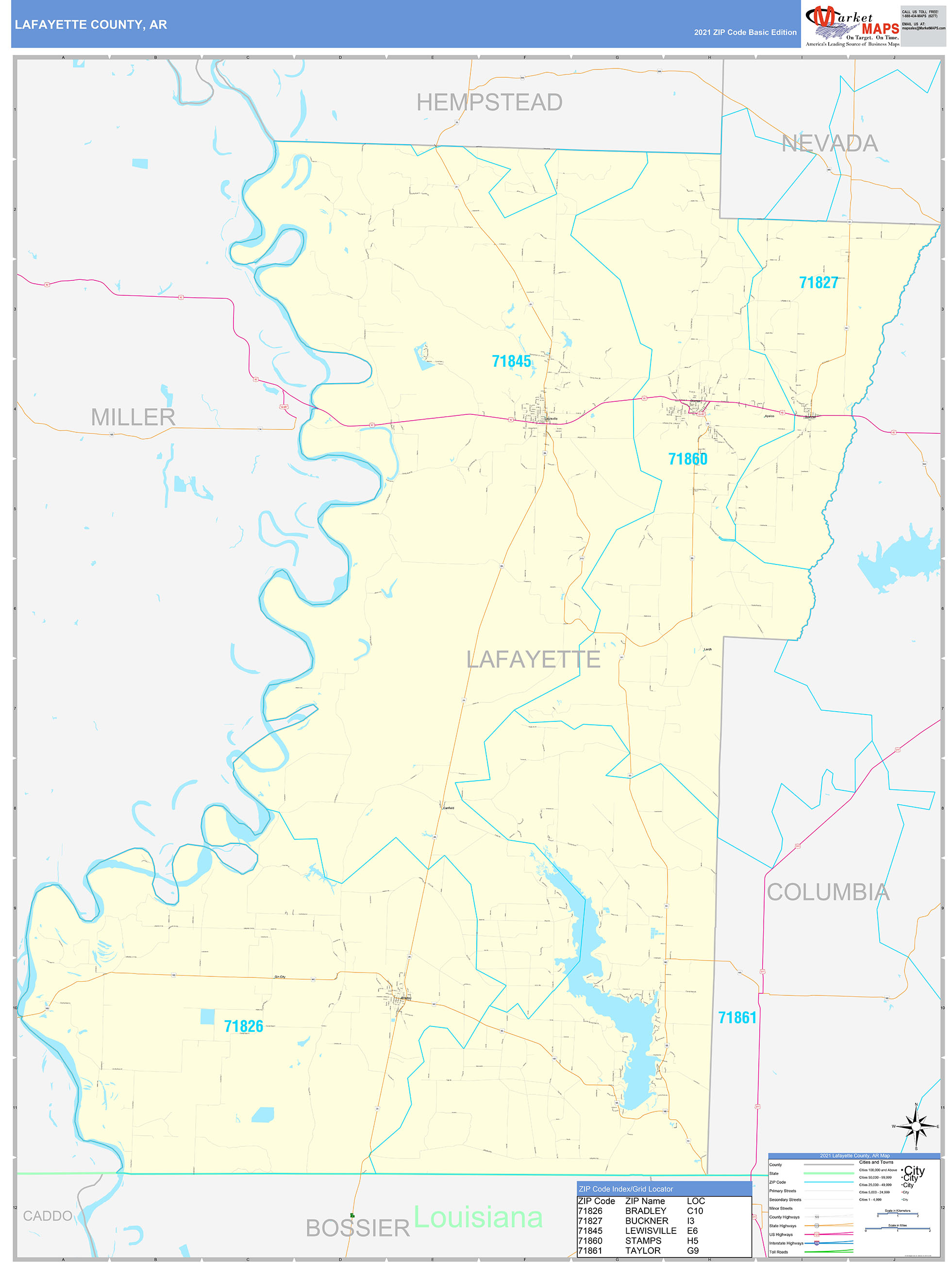 lafayette-county-ar-zip-code-wall-map-basic-style-by-marketmaps-mapsales