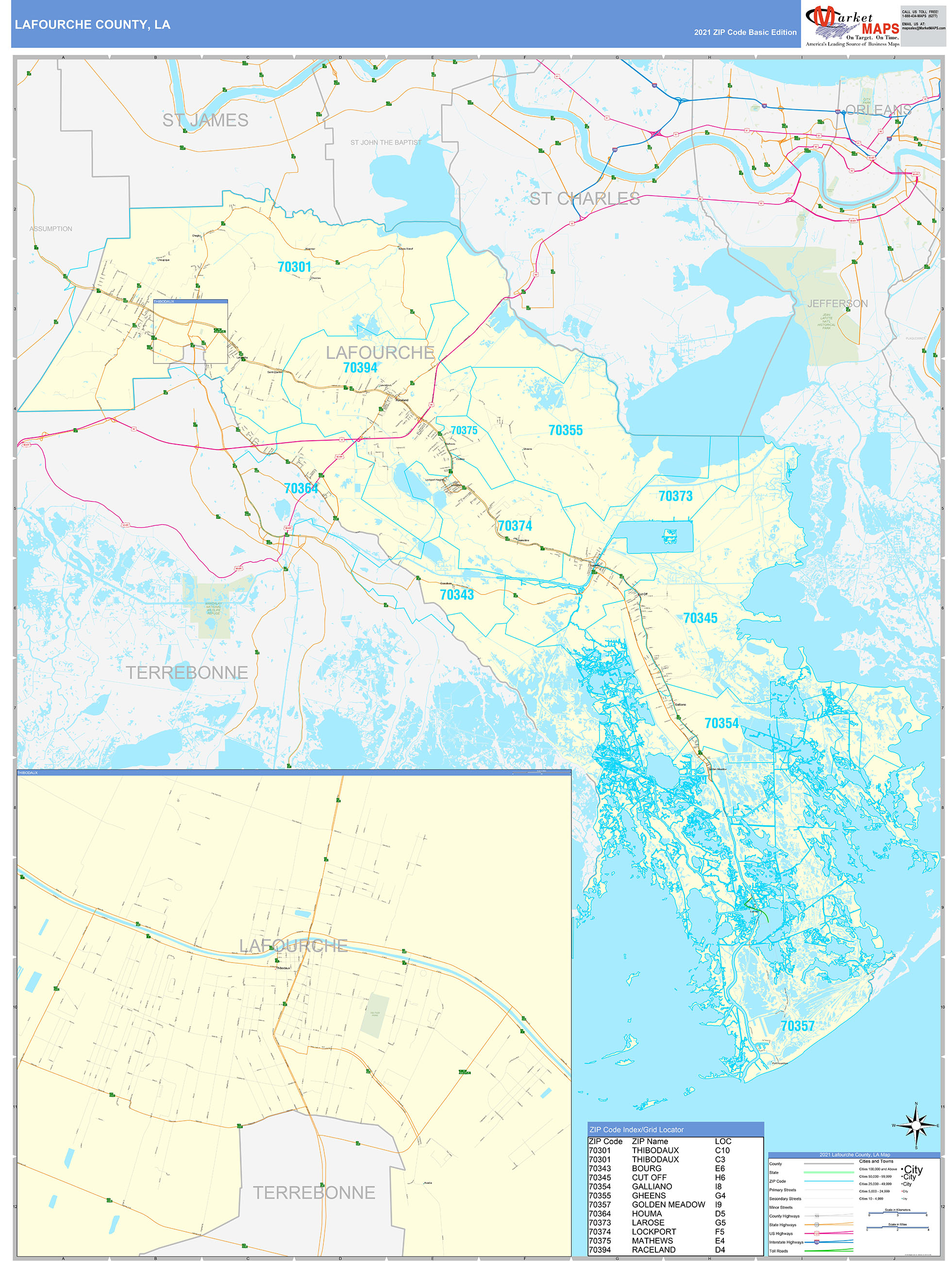 Lafourche County, LA Zip Code Wall Map Basic Style by MarketMAPS - MapSales