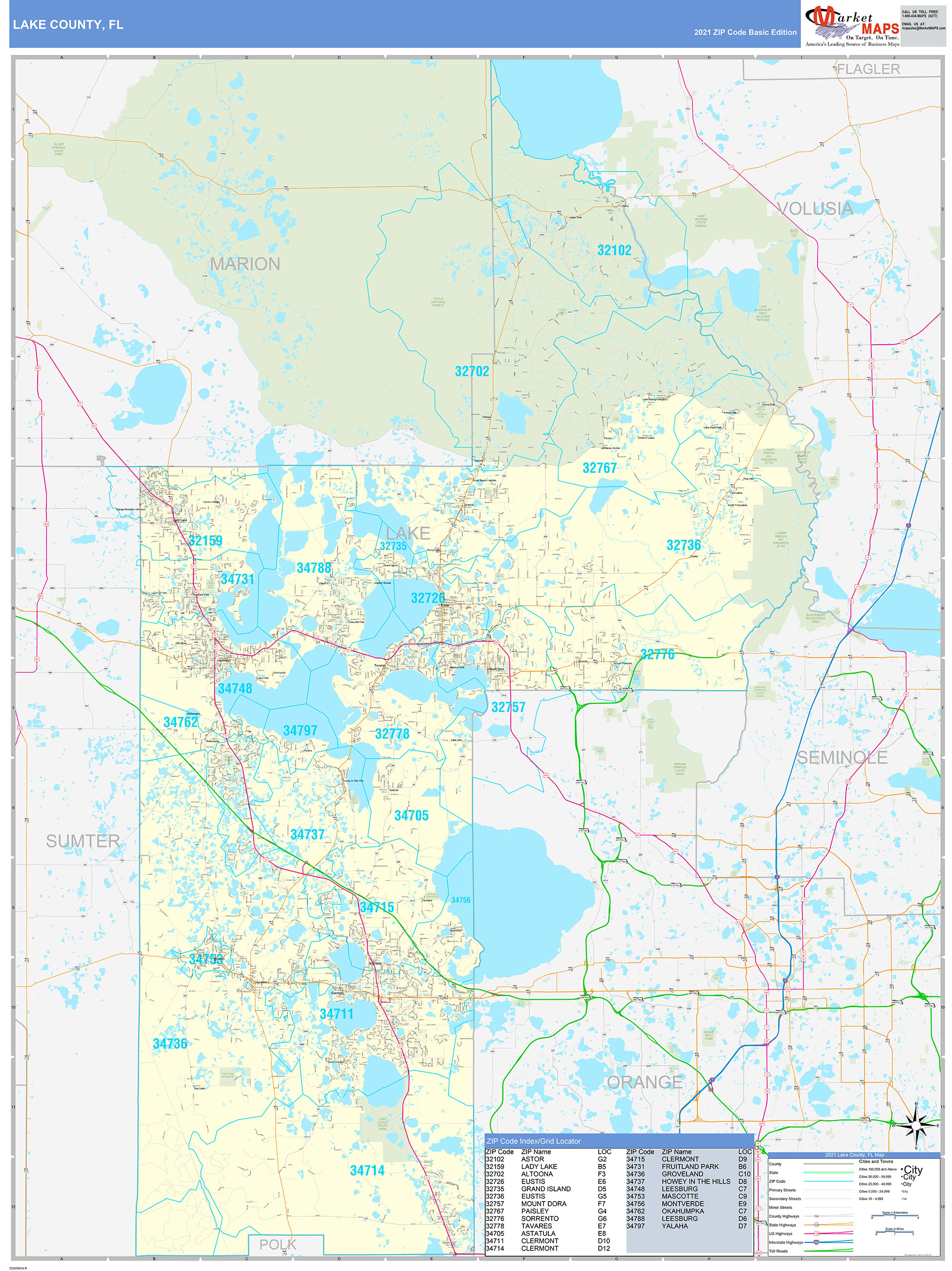 Lake County, FL Zip Code Wall Map Basic Style by MarketMAPS - MapSales