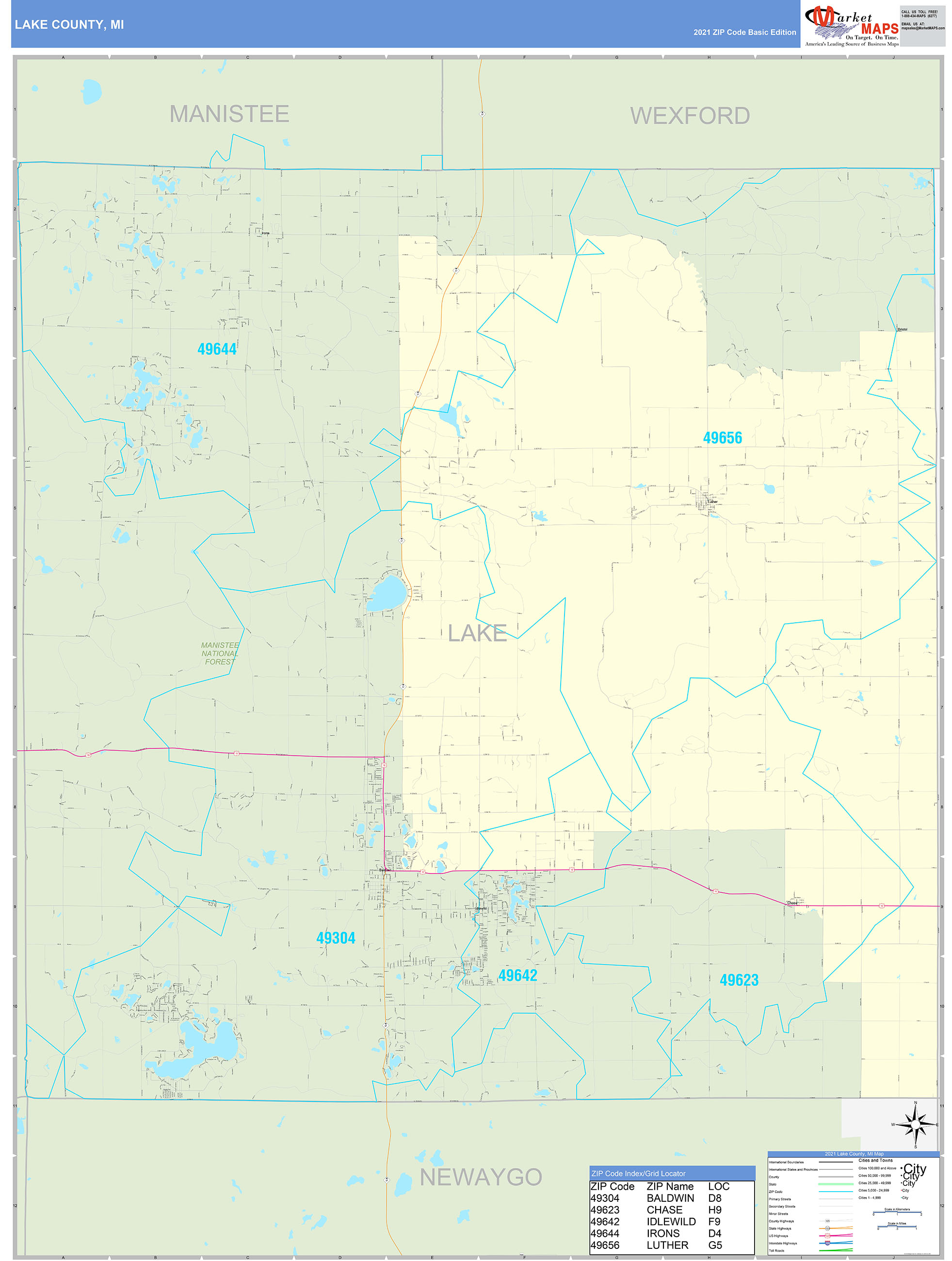 Lake County Mi Zip Code Wall Map Basic Style By Marketmaps Mapsales 9402