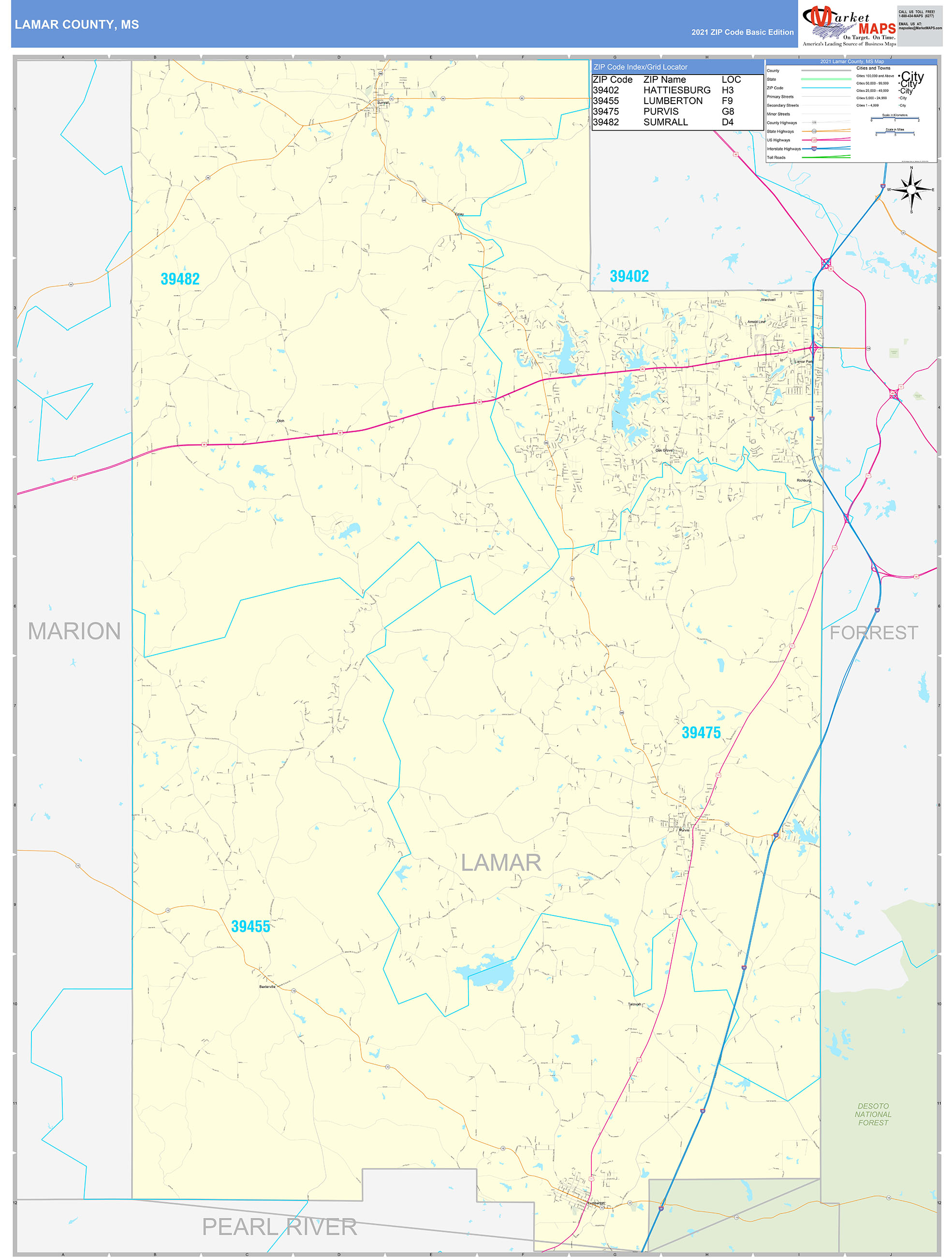 Lamar County, MS Zip Code Wall Map Basic Style by MarketMAPS MapSales