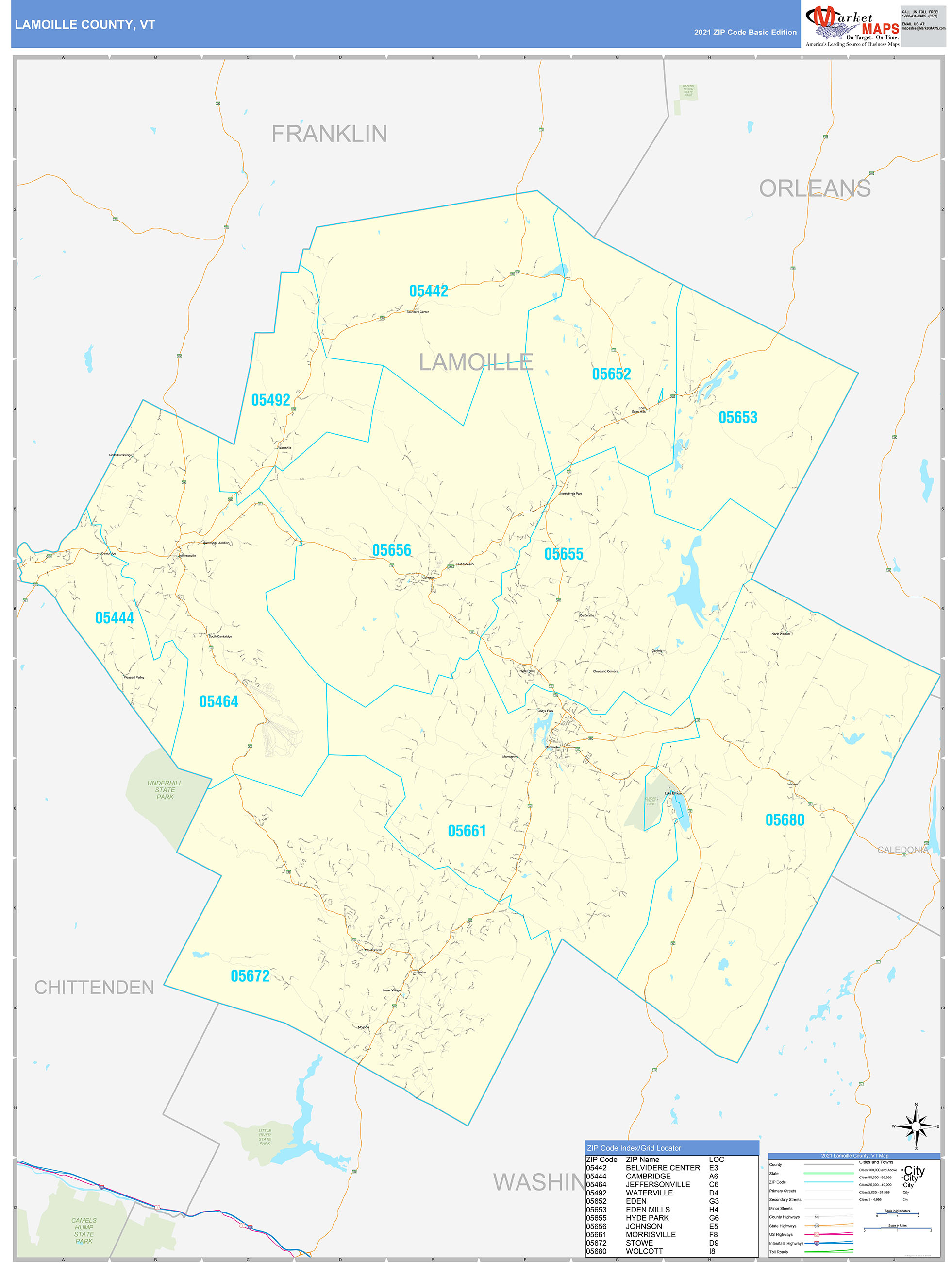 Lamoille County, VT Zip Code Wall Map Basic Style by MarketMAPS MapSales