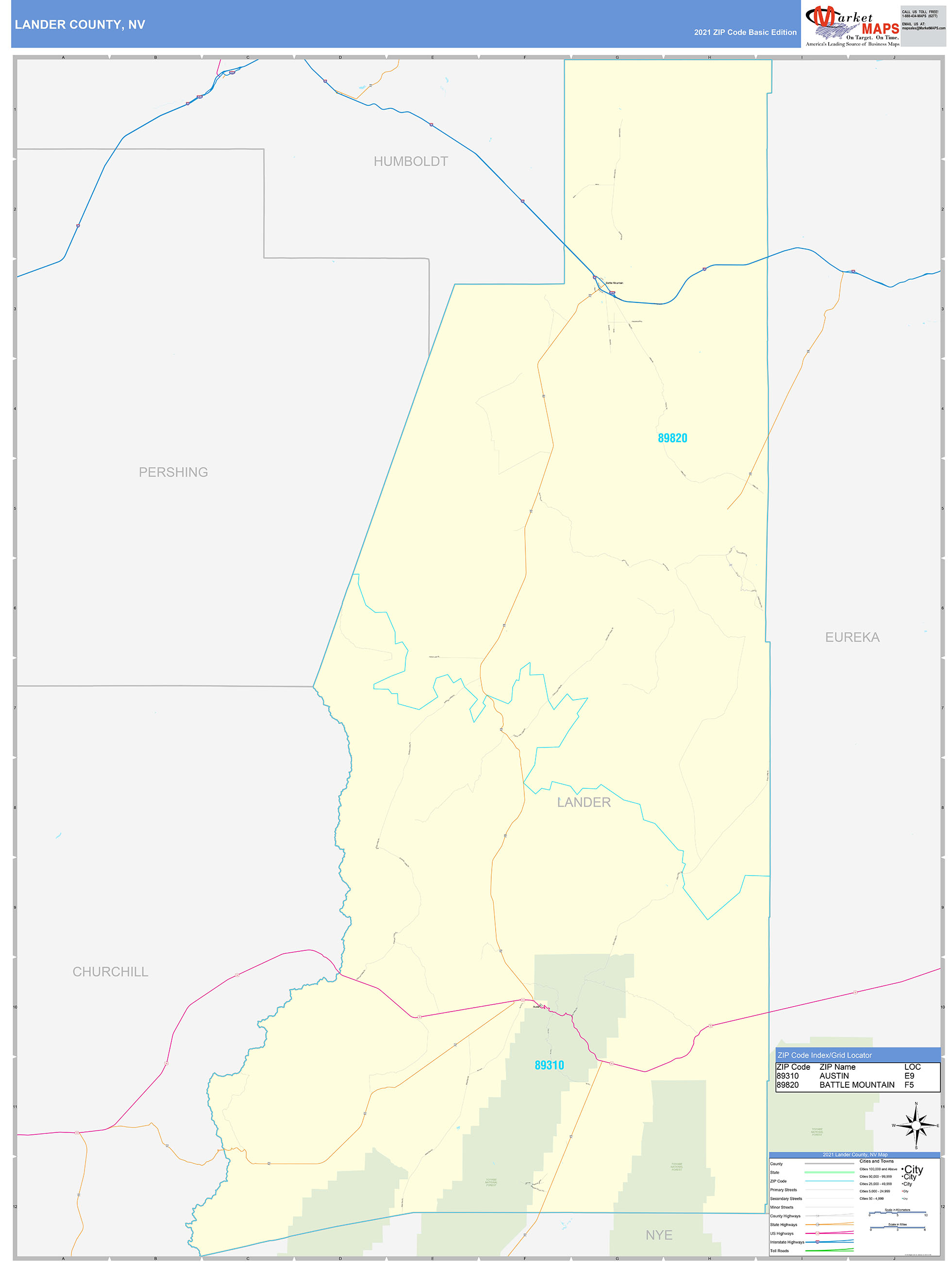 Lander County Nv Zip Code Wall Map Basic Style By Marketmaps ...