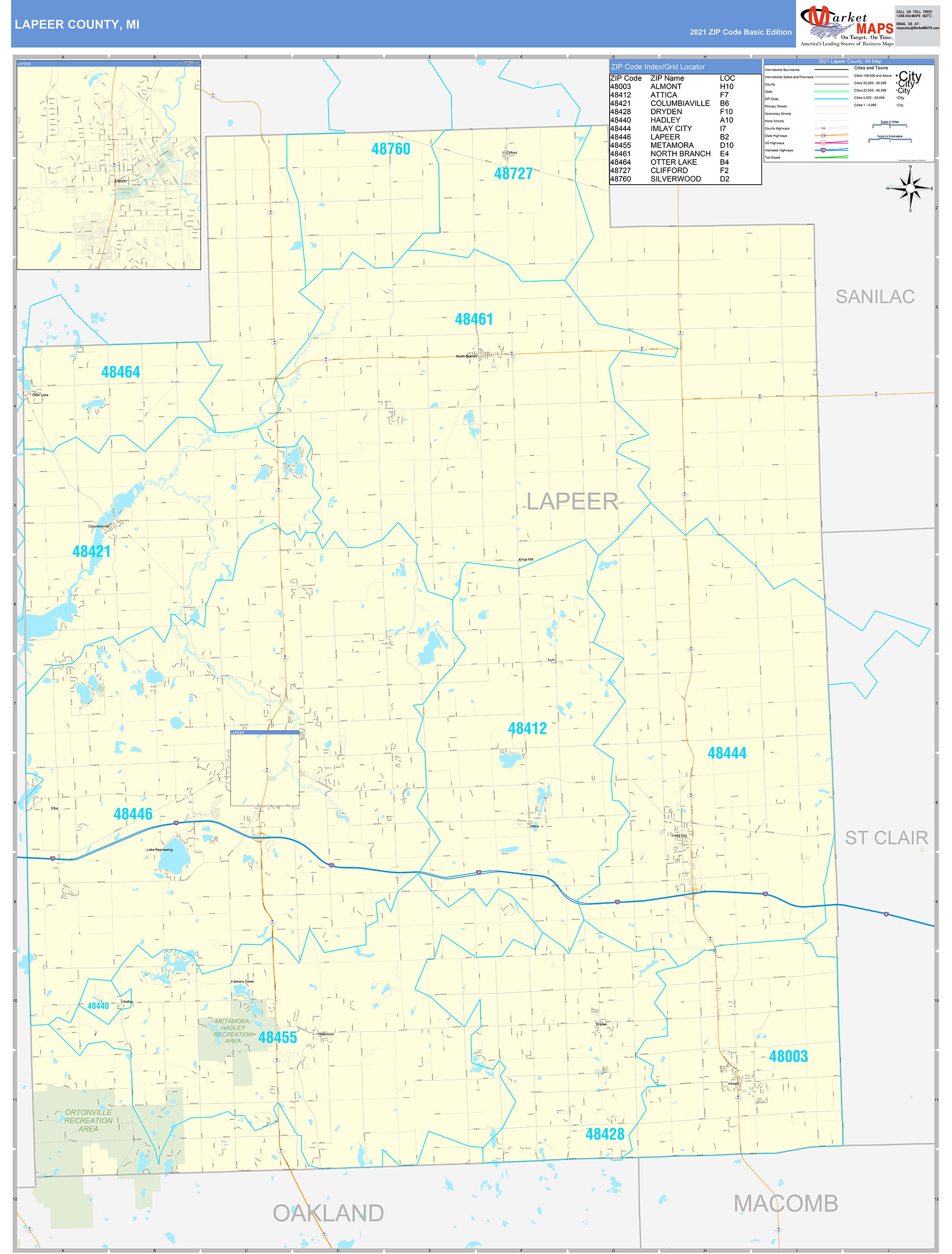 Lapeer County, MI Zip Code Wall Map Basic Style by MarketMAPS MapSales