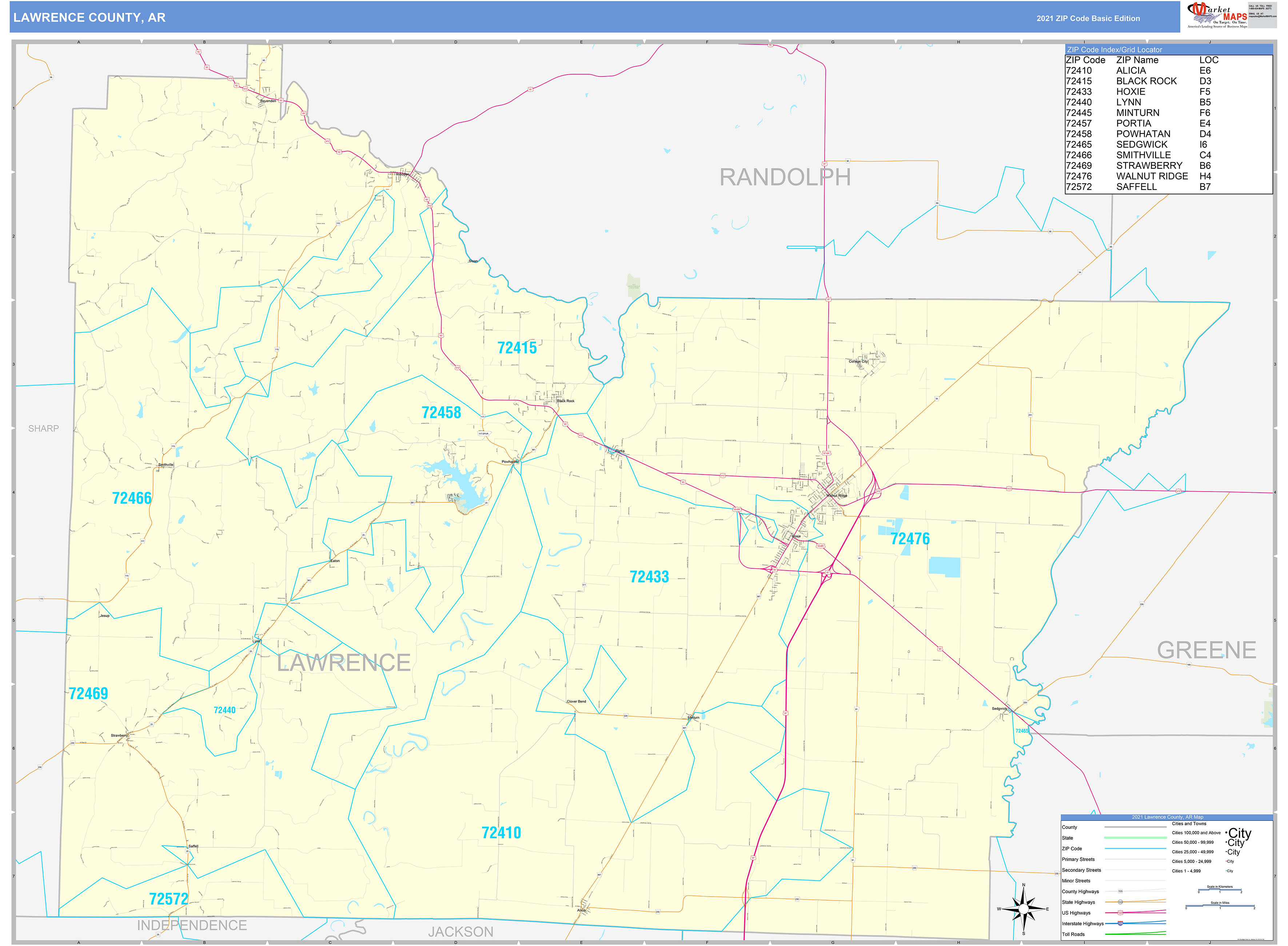 Lawrence County AR Zip Code Wall Map Basic Style by MarketMAPS