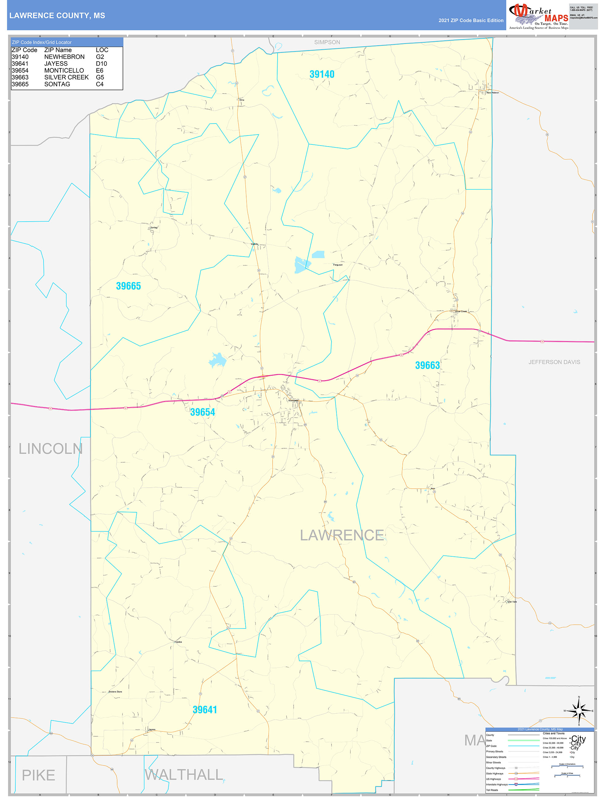 Lawrence County MS Zip Code Wall Map Basic Style by MarketMAPS