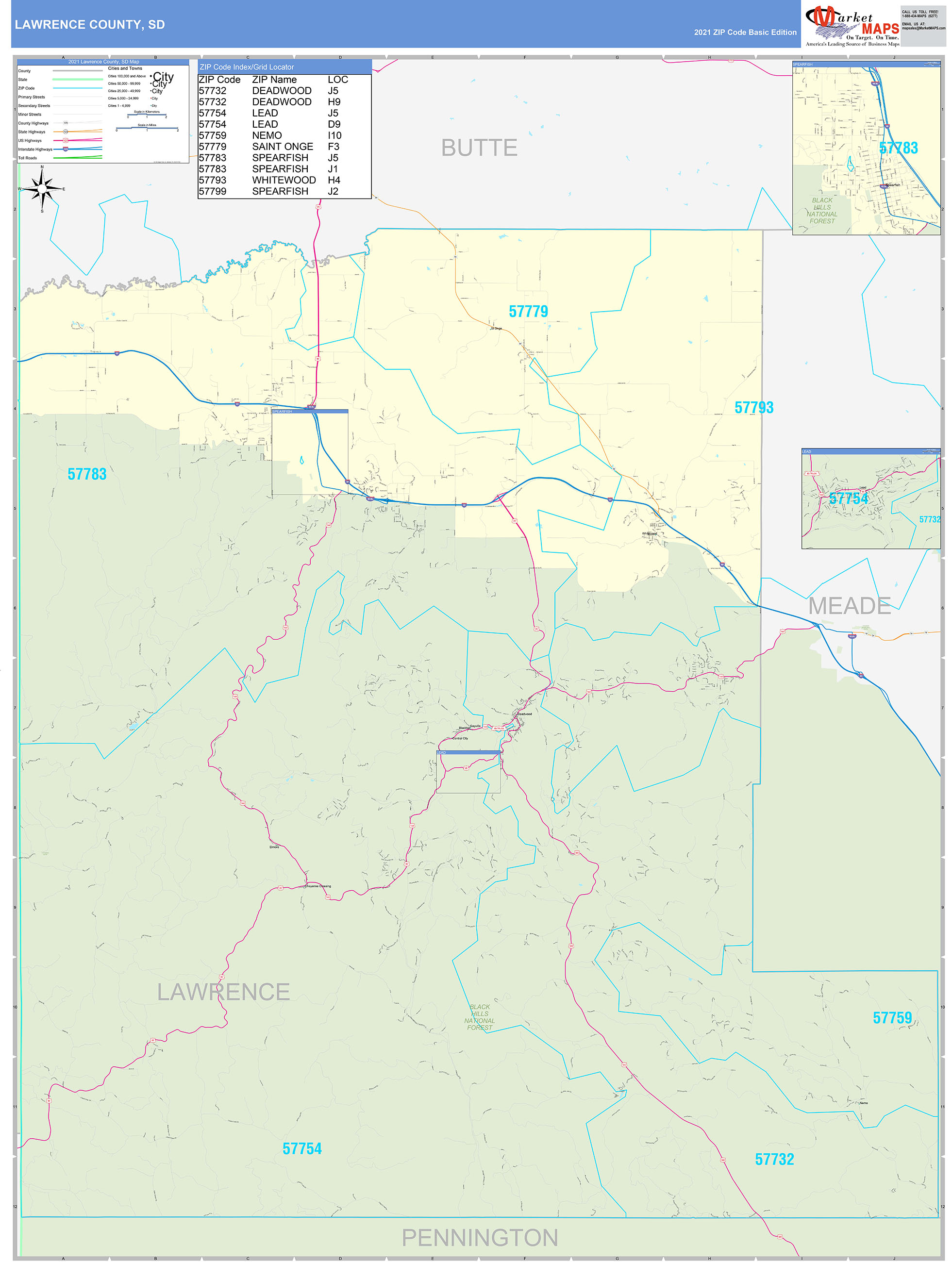 Lawrence County, SD Zip Code Wall Map Basic Style by MarketMAPS - MapSales