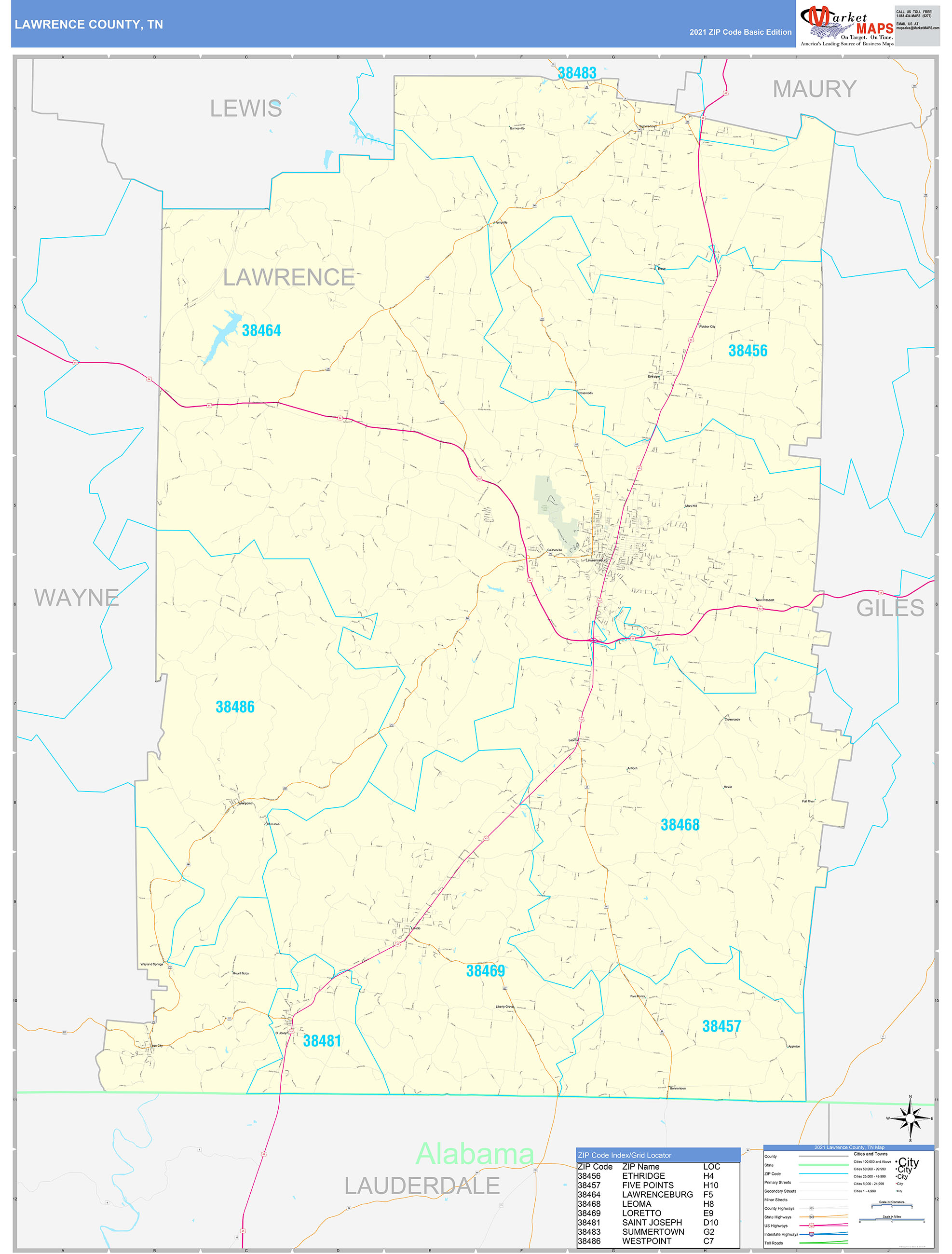 Lawrence County TN Zip Code Wall Map Basic Style By MarketMAPS MapSales