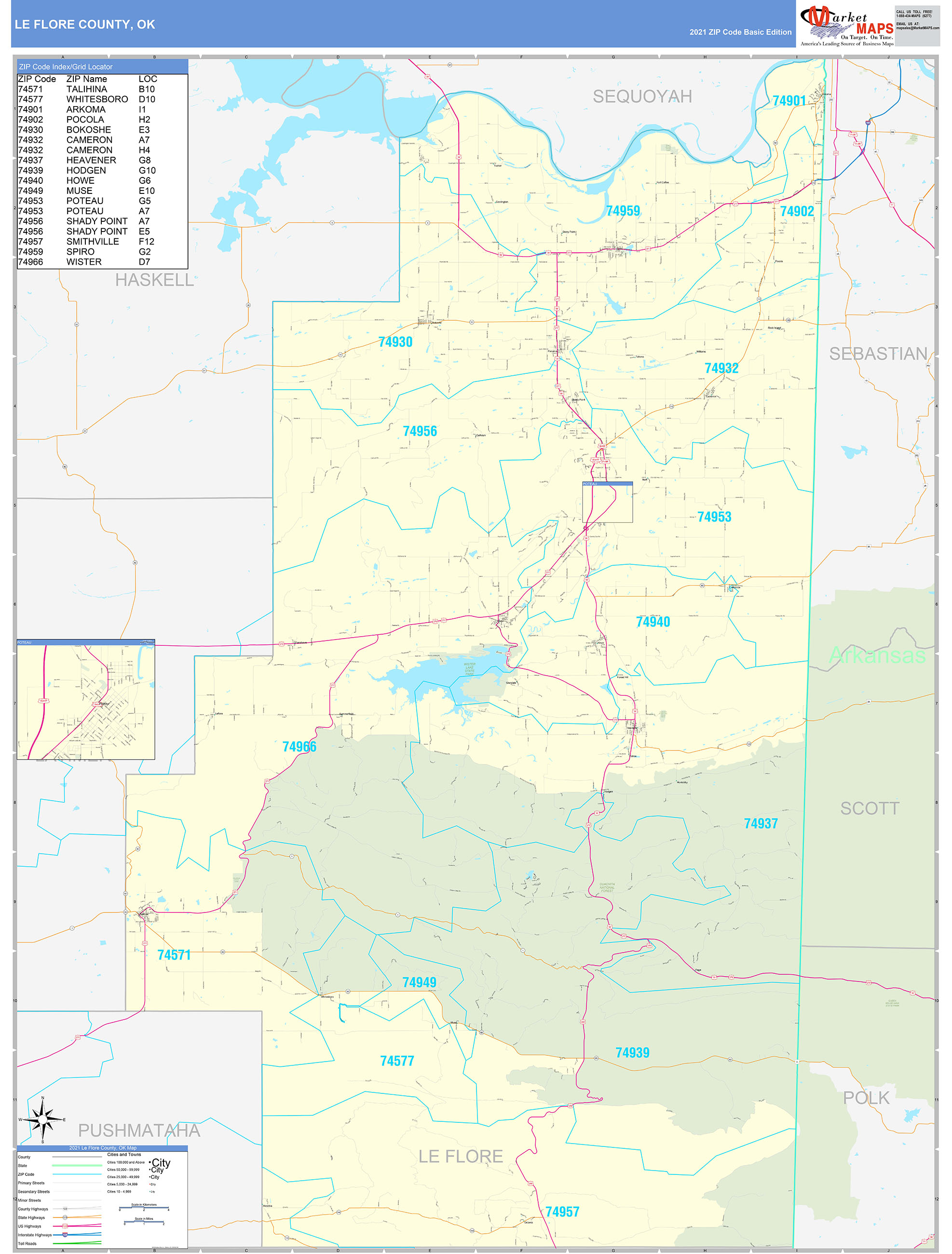 Le Flore County, OK Zip Code Wall Map Basic Style by MarketMAPS ...