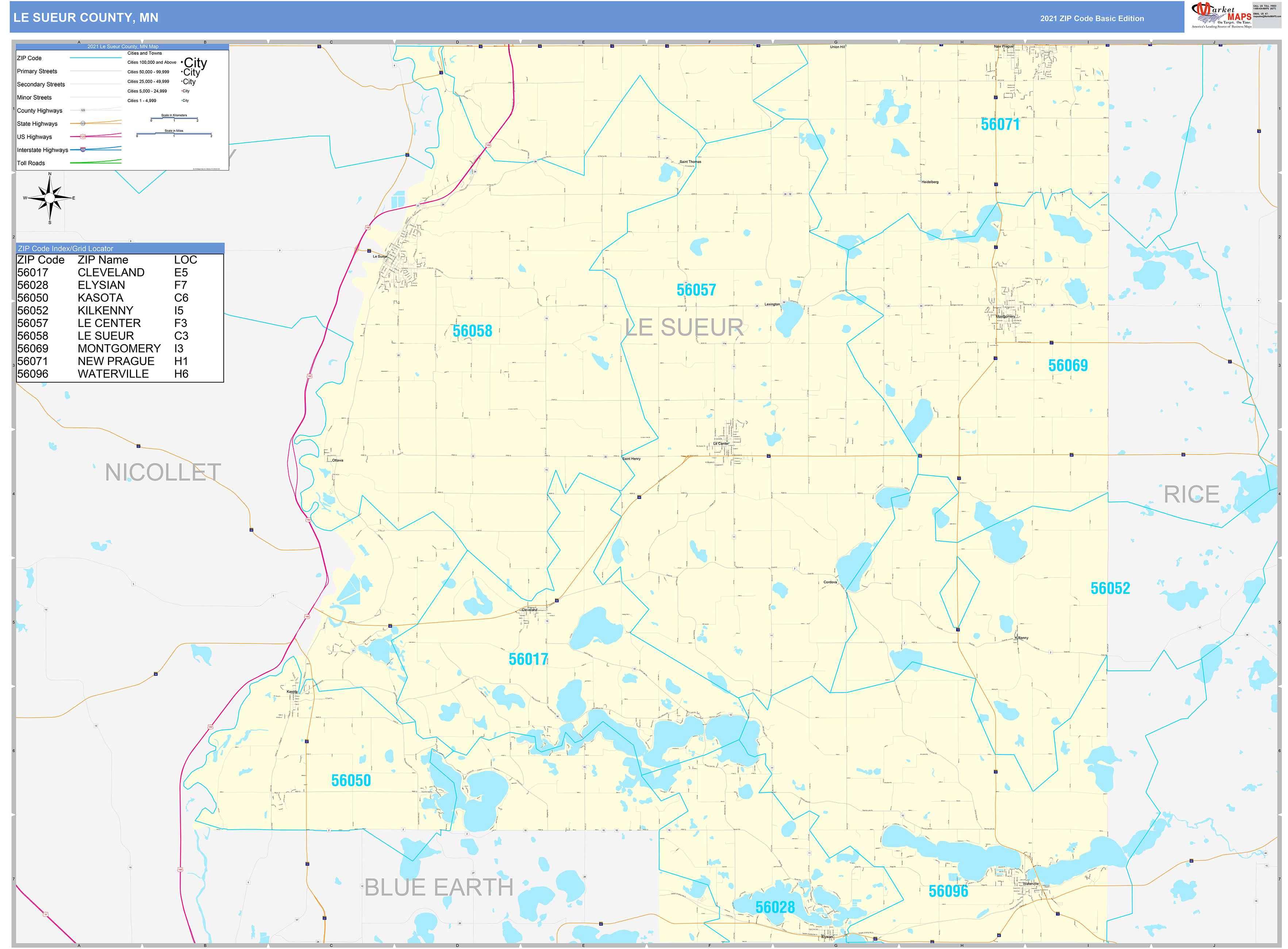 Le Sueur County, MN Zip Code Wall Map Basic Style by MarketMAPS - MapSales