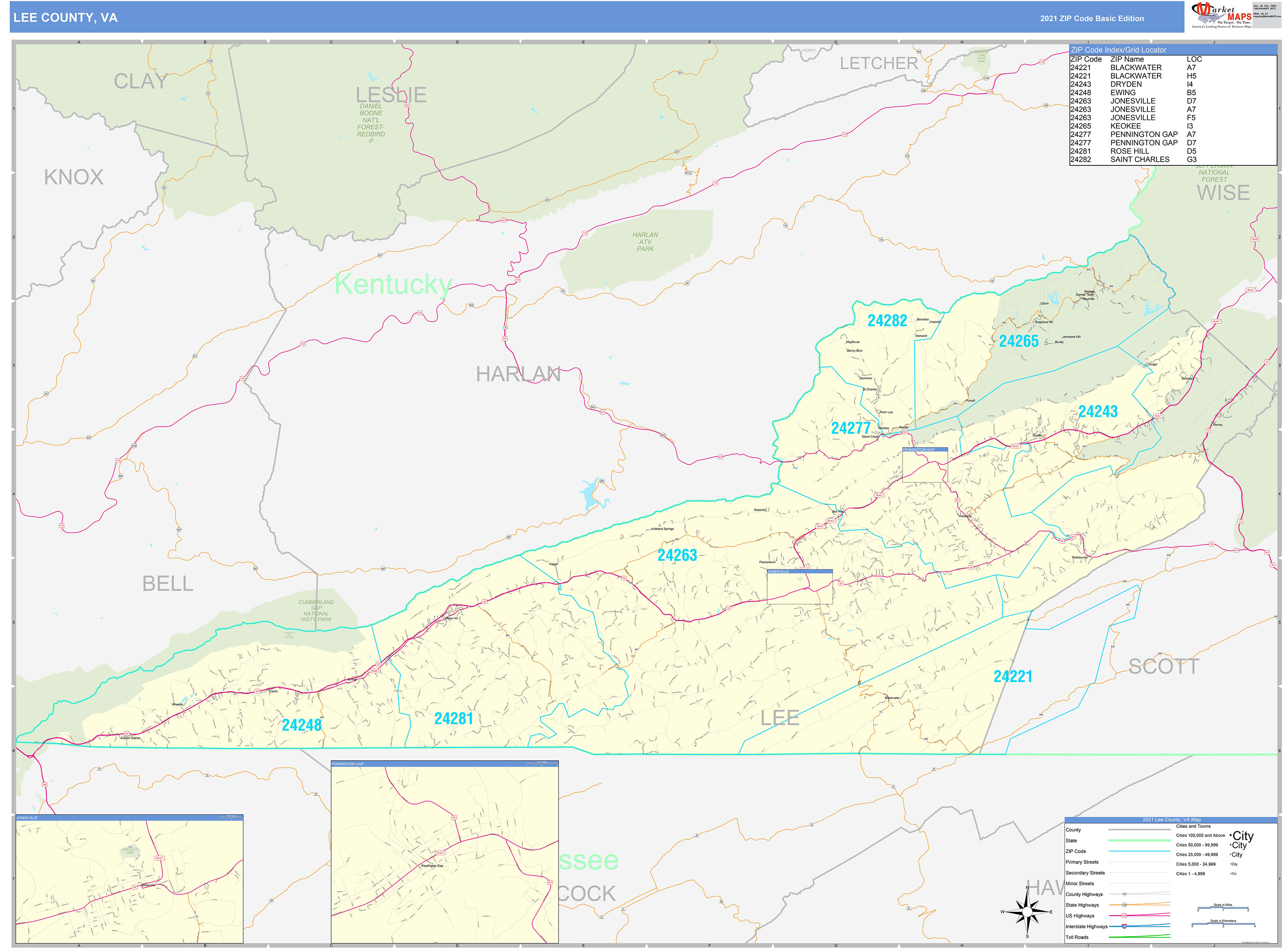 Lee County, VA Zip Code Wall Map Basic Style by MarketMAPS