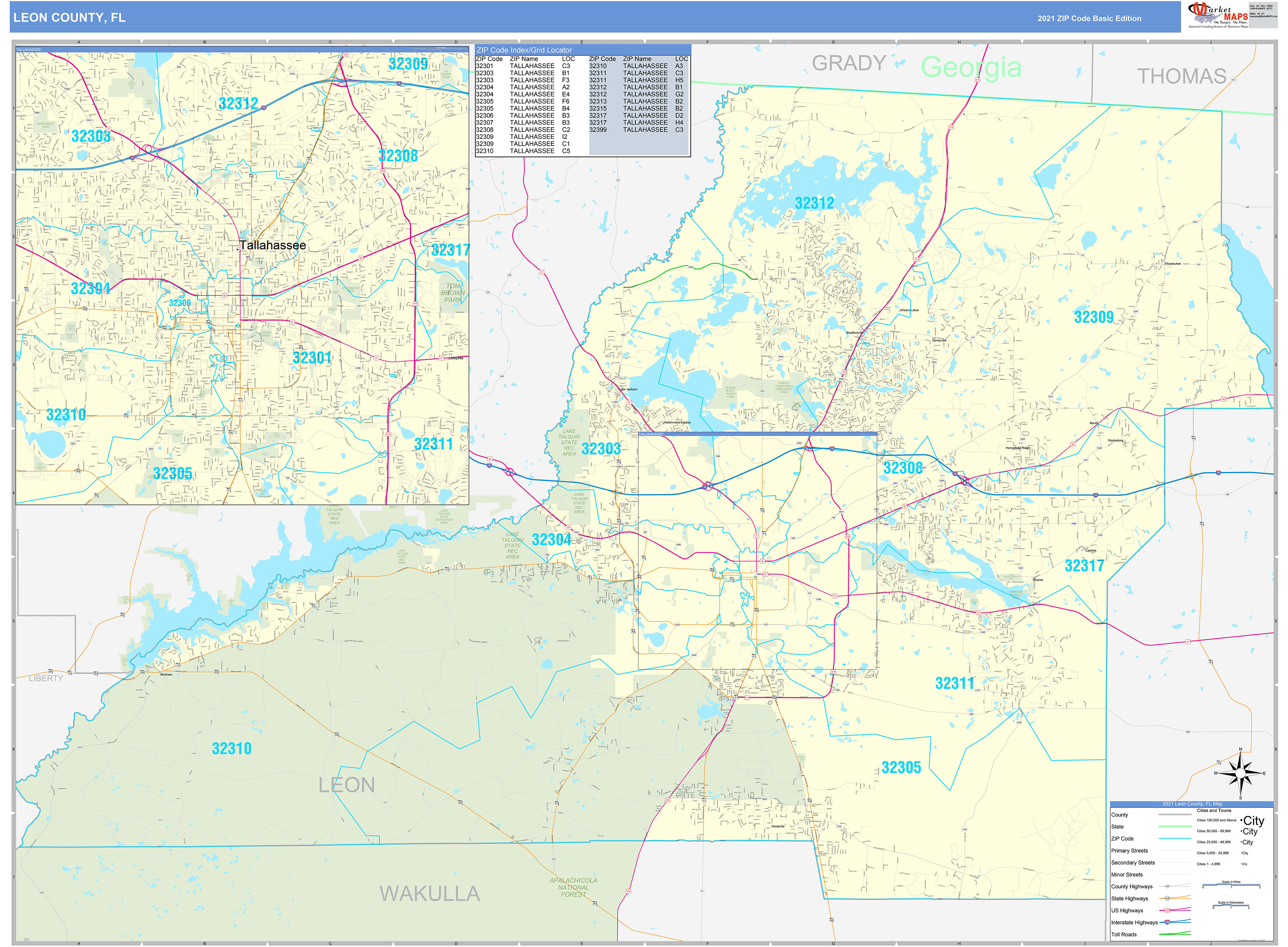 Leon County FL Zip Code Wall Map Basic Style by MarketMAPS MapSales