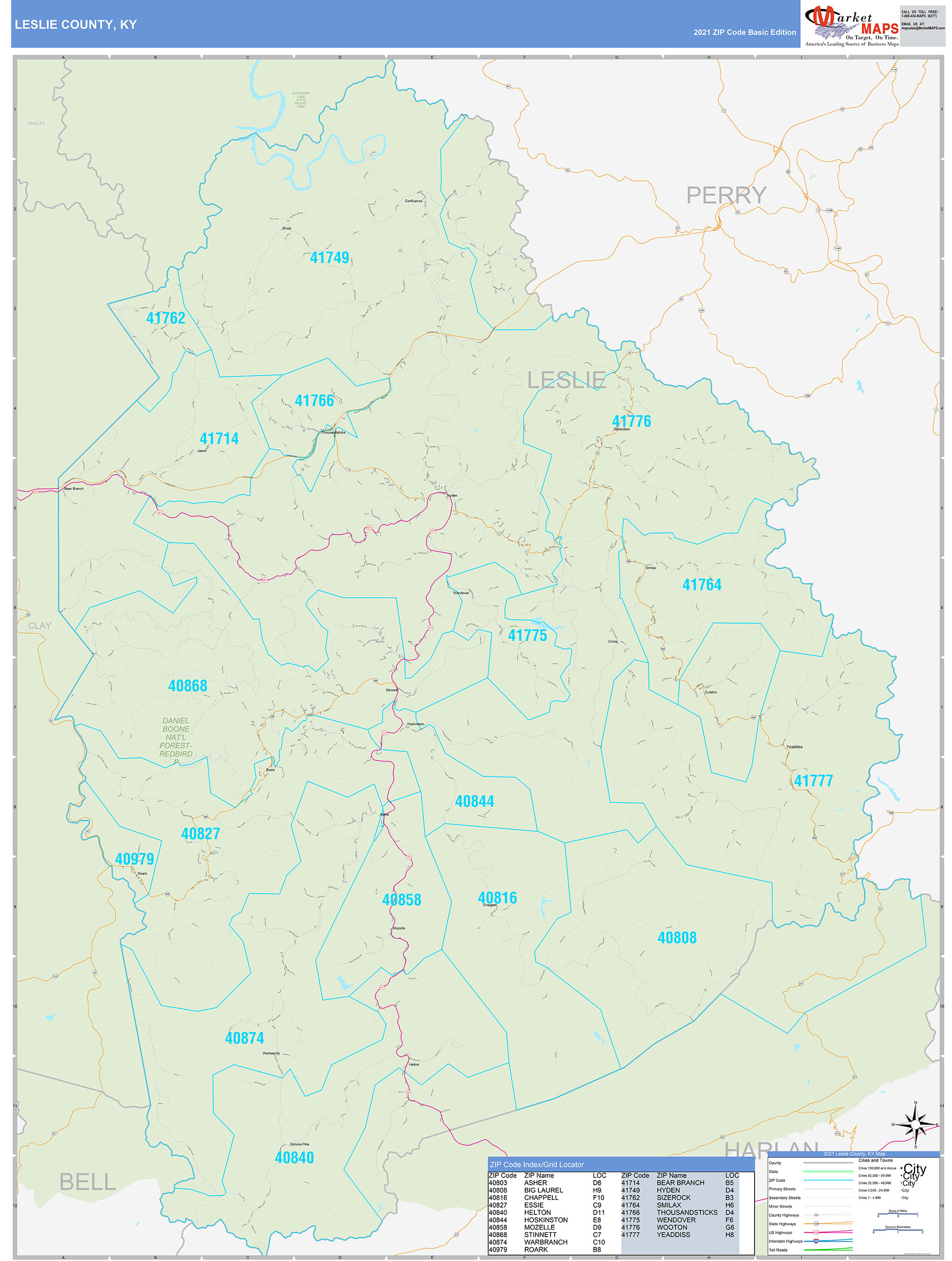 Leslie County, Ky Zip Code Wall Map Basic Style By Marketmaps - Mapsales