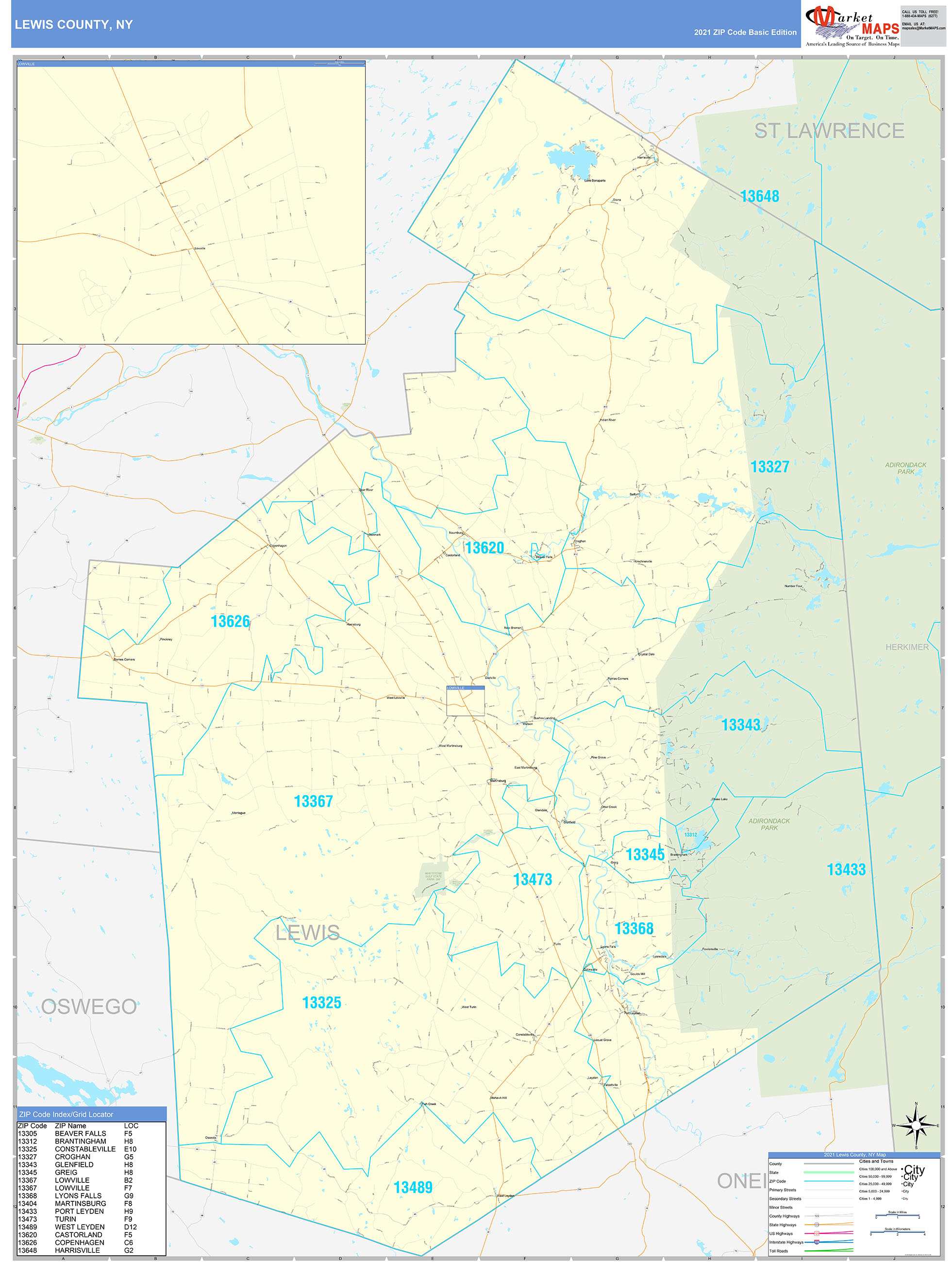 Lewis County, NY Zip Code Wall Map Basic Style by MarketMAPS MapSales