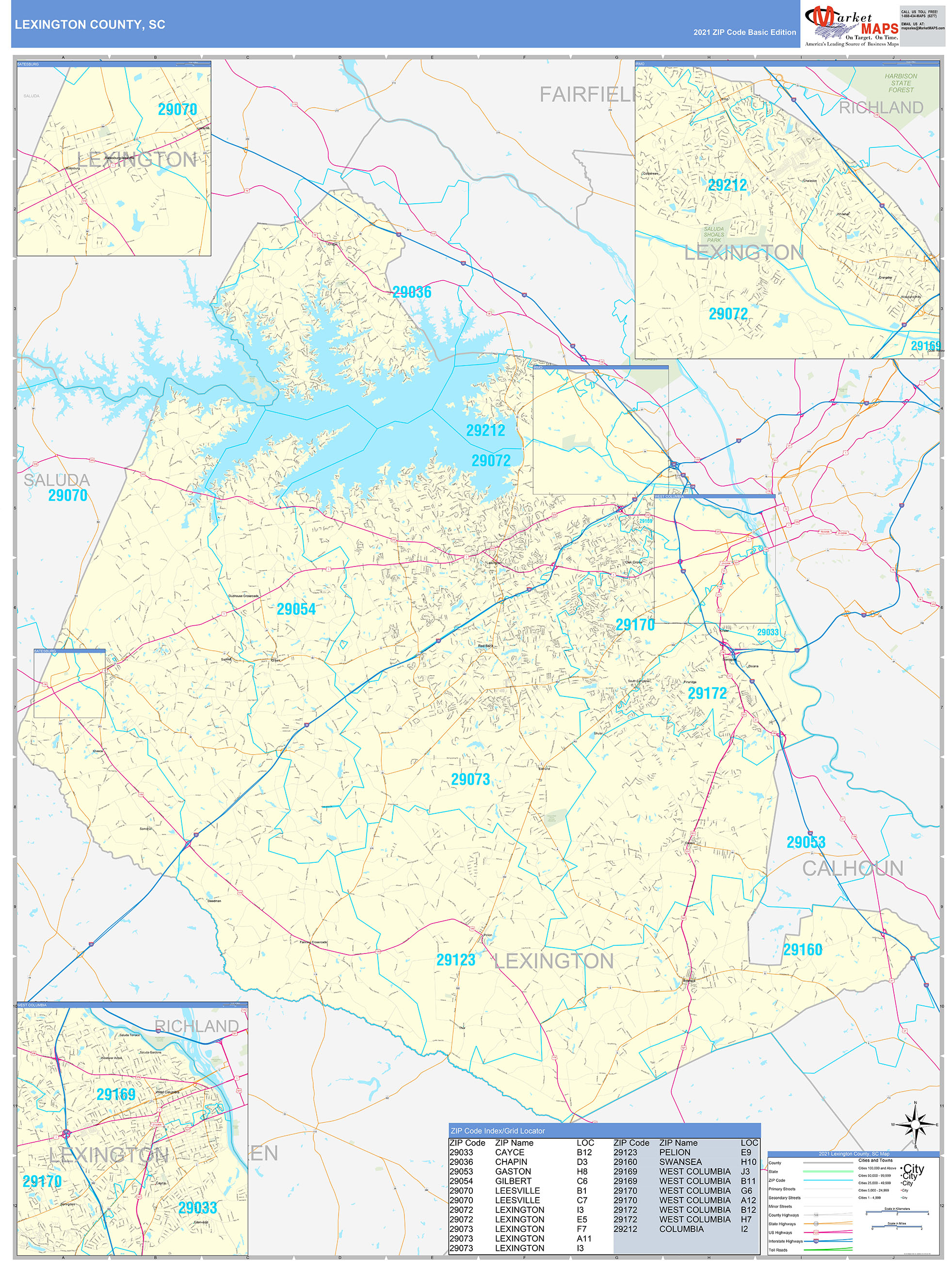 Lexington County, SC Zip Code Wall Map Basic Style by MarketMAPS - MapSales