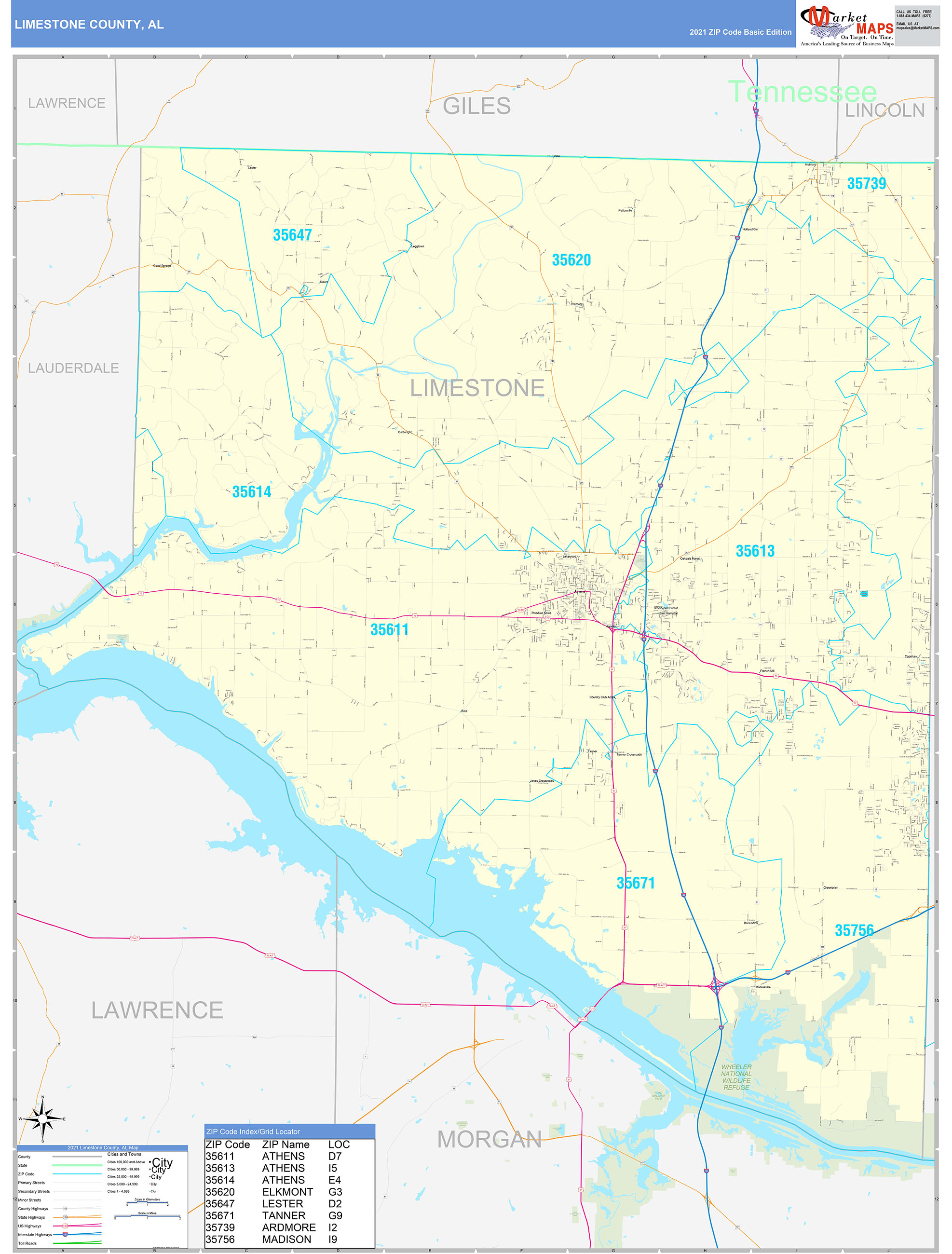 Limestone County, AL Zip Code Wall Map Basic Style by MarketMAPS - MapSales