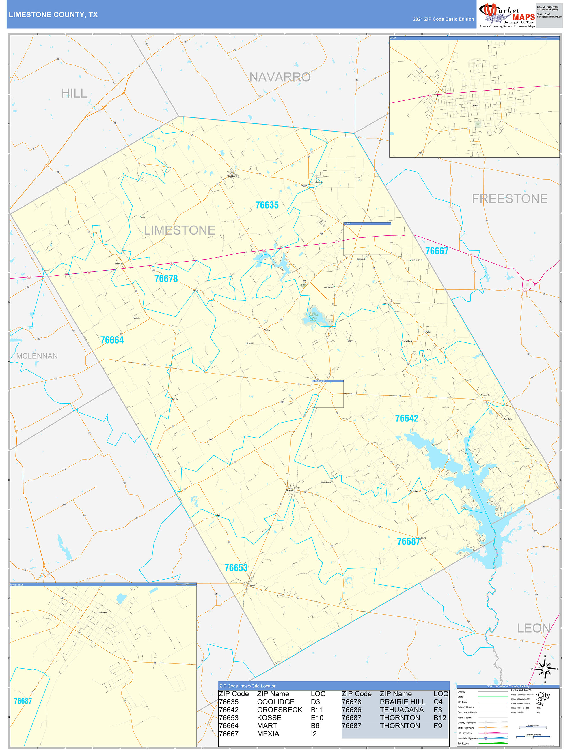 Limestone County, TX Zip Code Wall Map Basic Style by MarketMAPS - MapSales