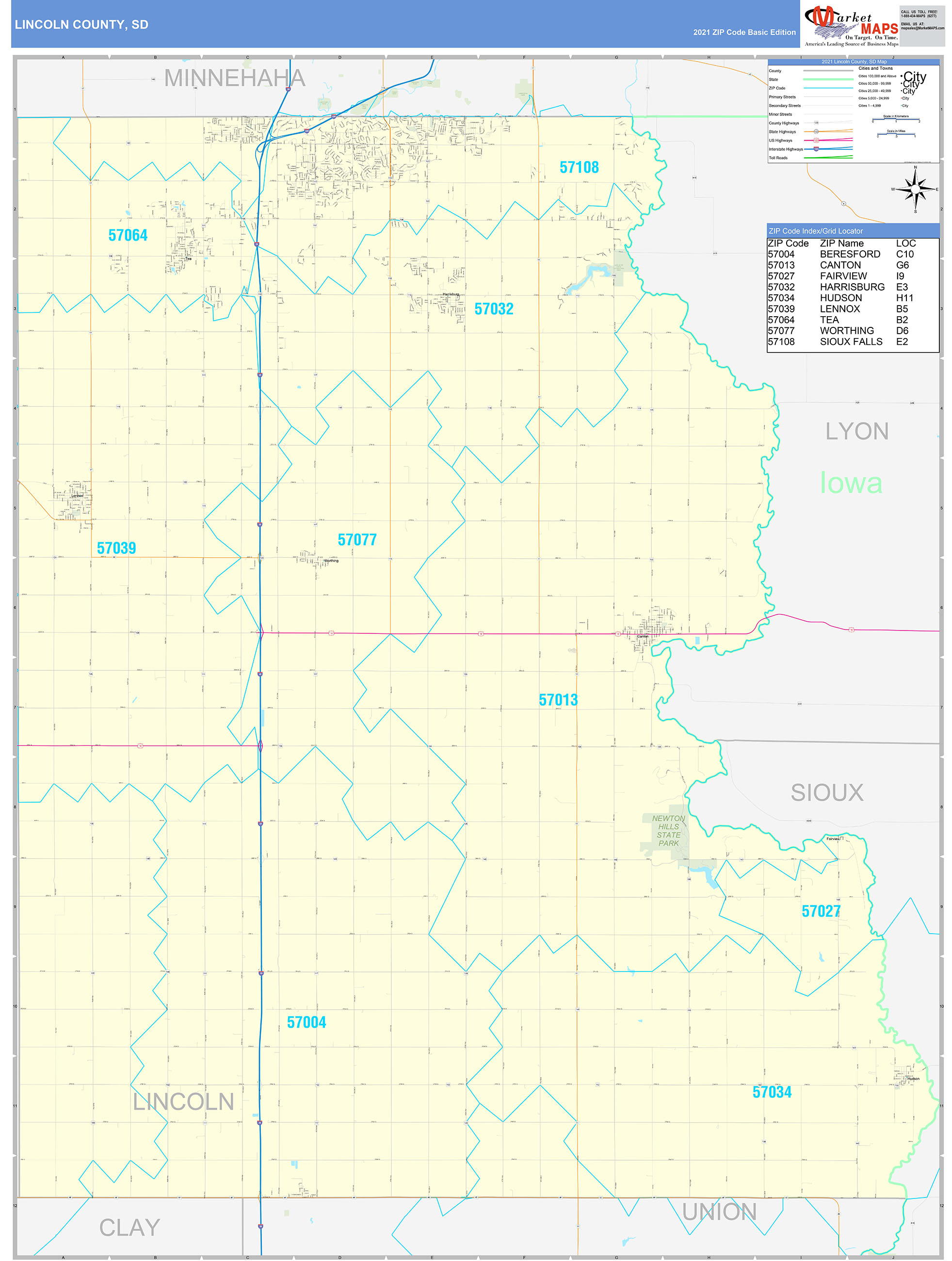 Lincoln County, SD Zip Code Wall Map Basic Style by MarketMAPS