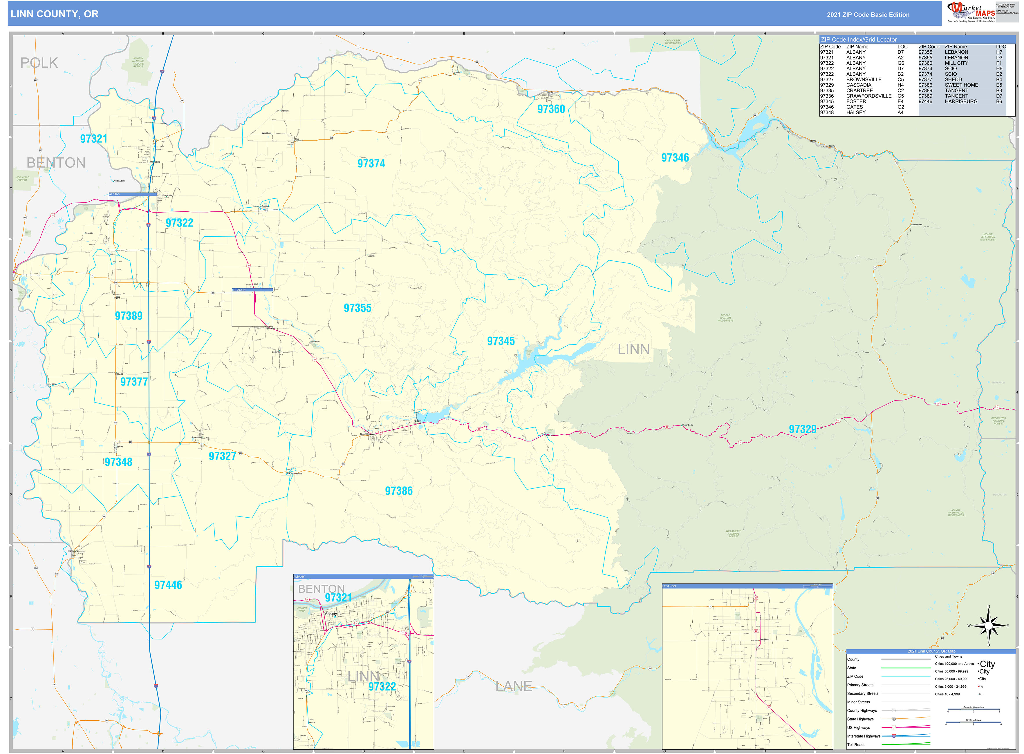Linn County OR Zip Code Wall Map Basic Style by MarketMAPS MapSales