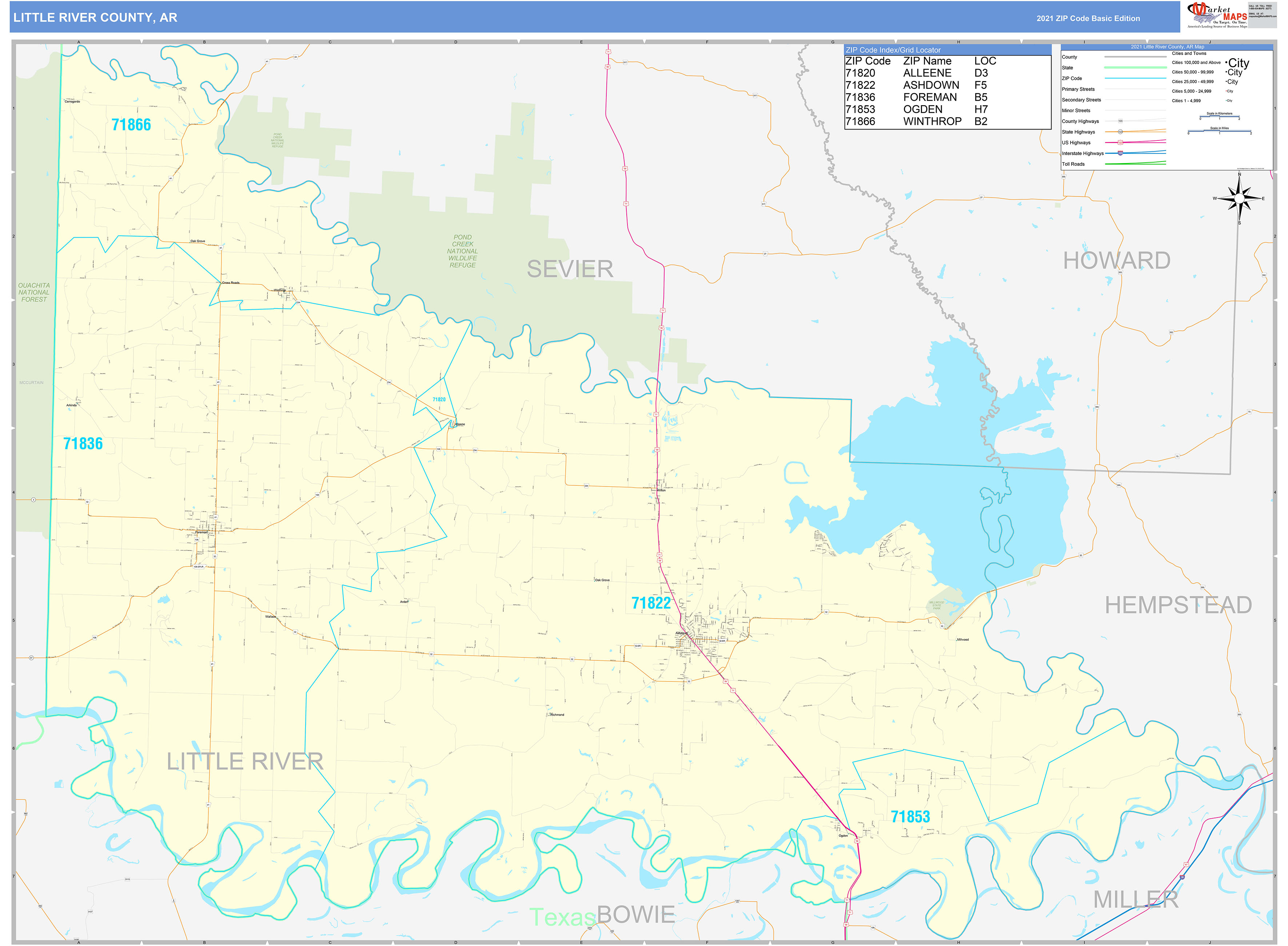 Little River County, AR Zip Code Wall Map Basic Style by MarketMAPS ...