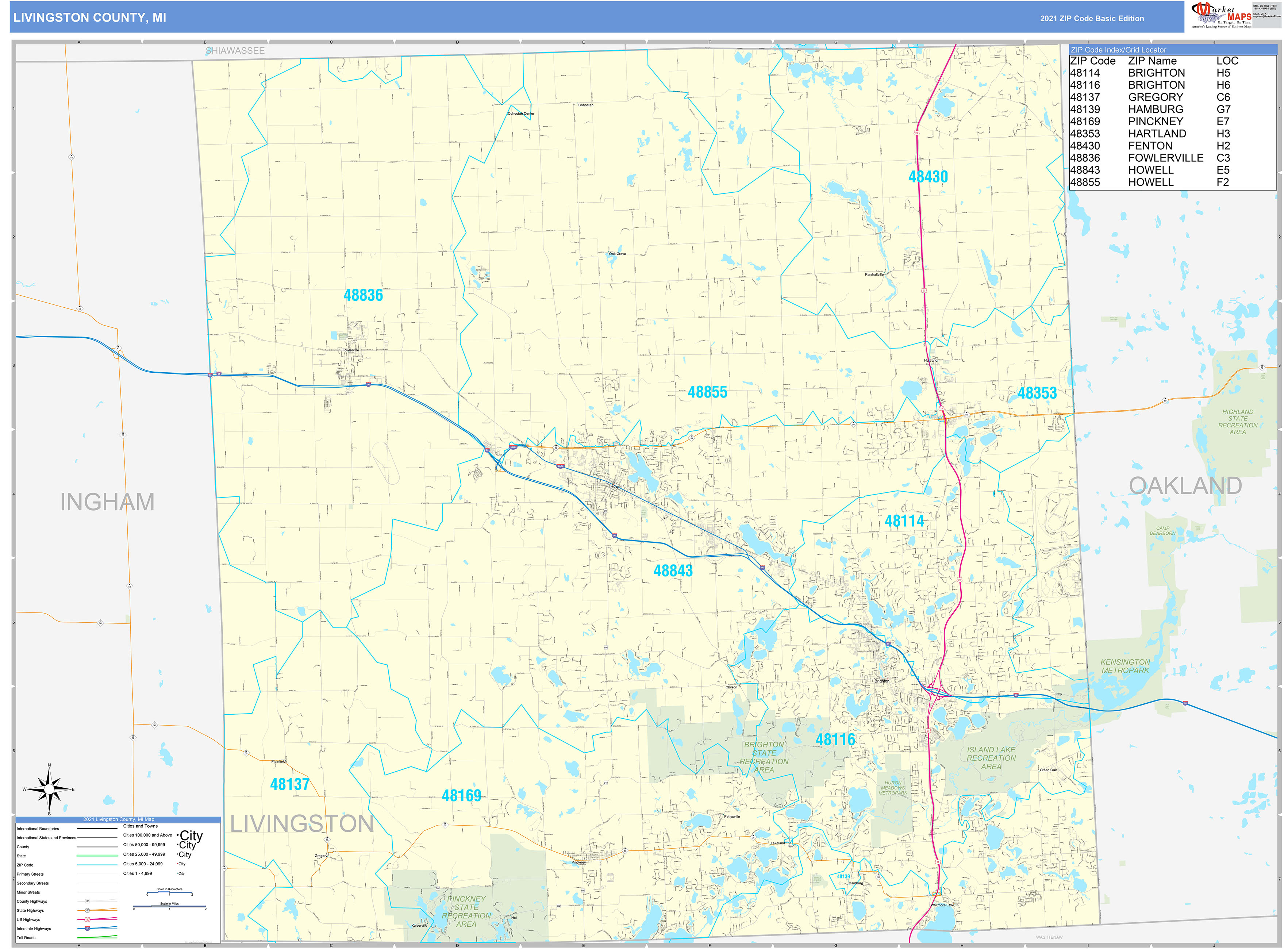 Livingston County MI Zip Code Wall Map Basic Style by MarketMAPS