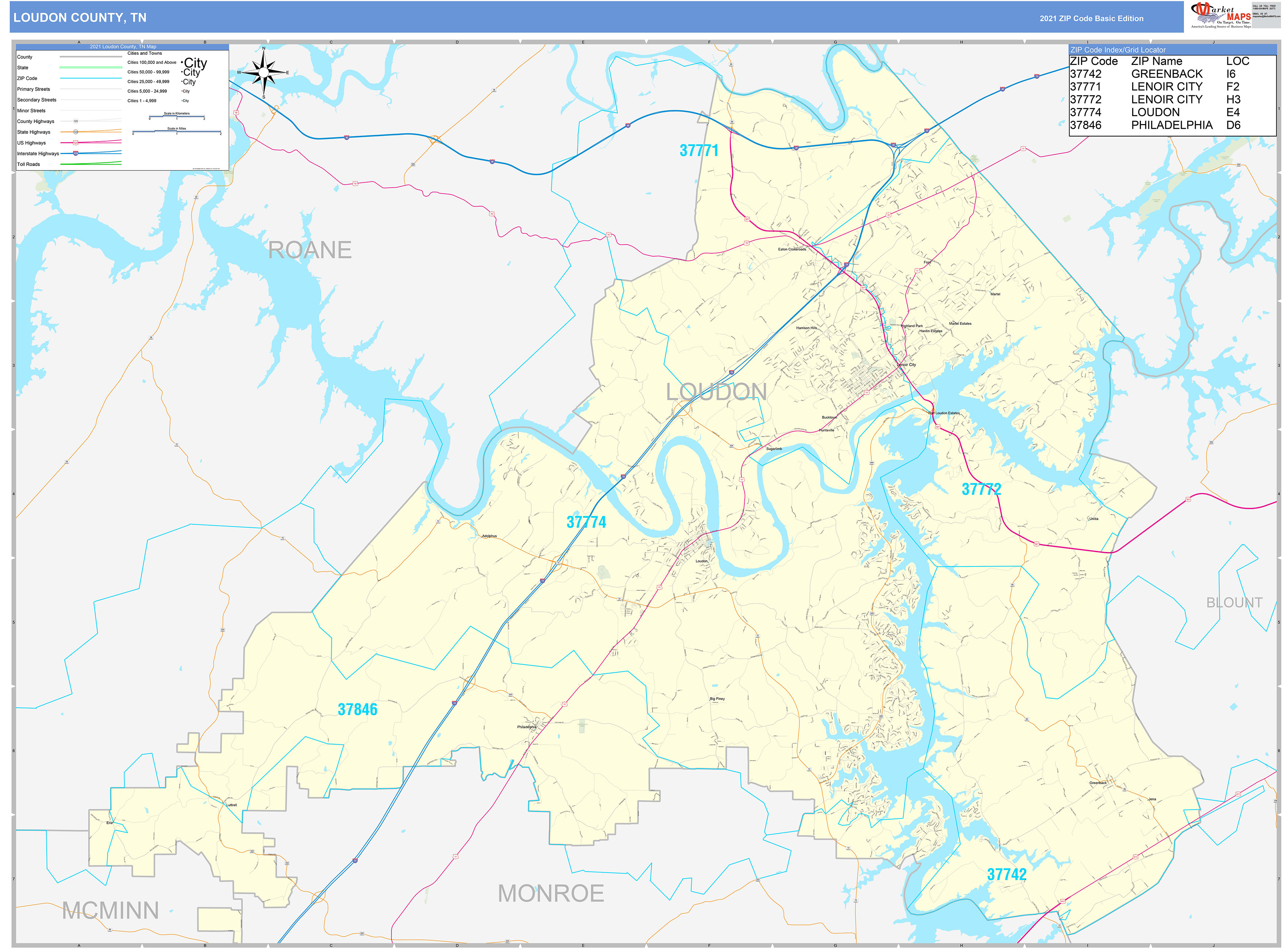 Loudon County, TN Zip Code Wall Map Basic Style by MarketMAPS - MapSales