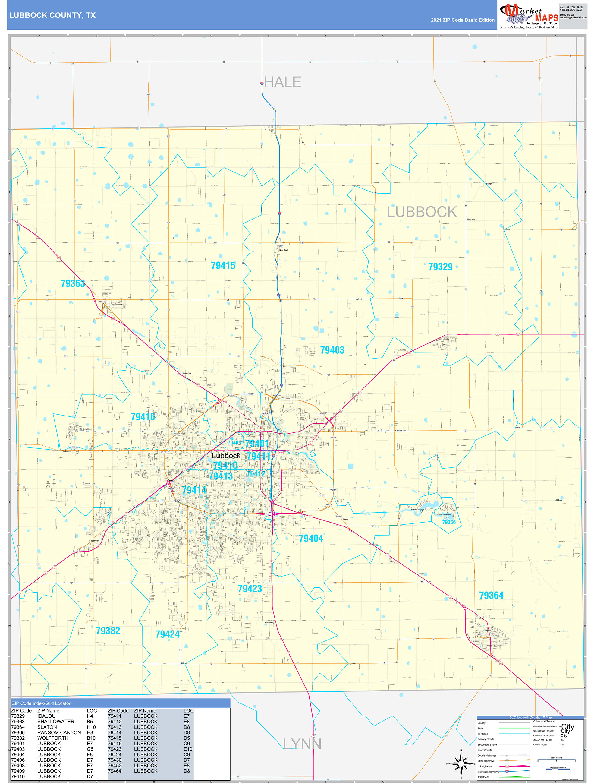 Lubbock County, TX Zip Code Wall Map Basic Style by MarketMAPS MapSales