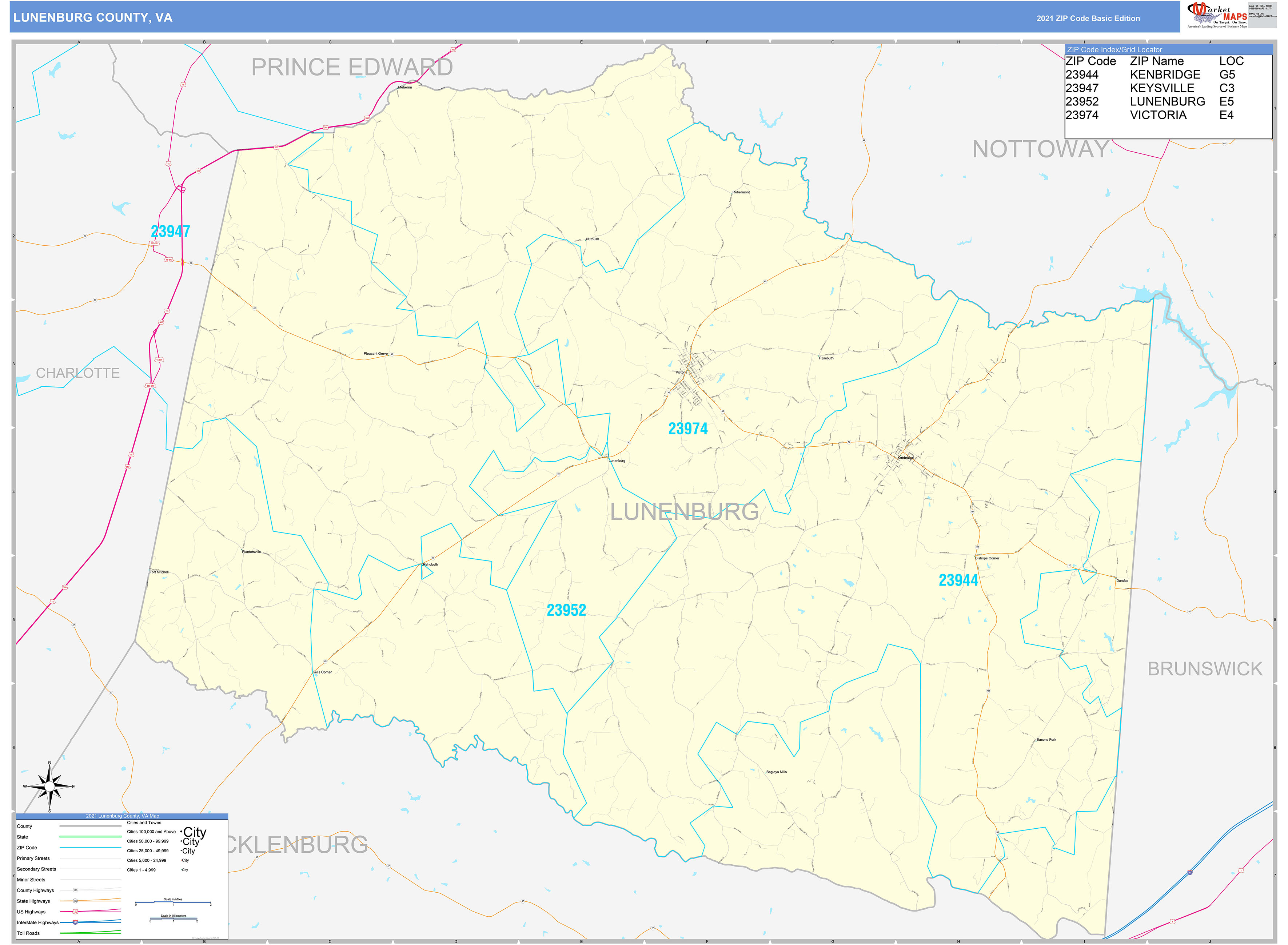 Lunenburg County, VA Zip Code Wall Map Basic Style by MarketMAPS