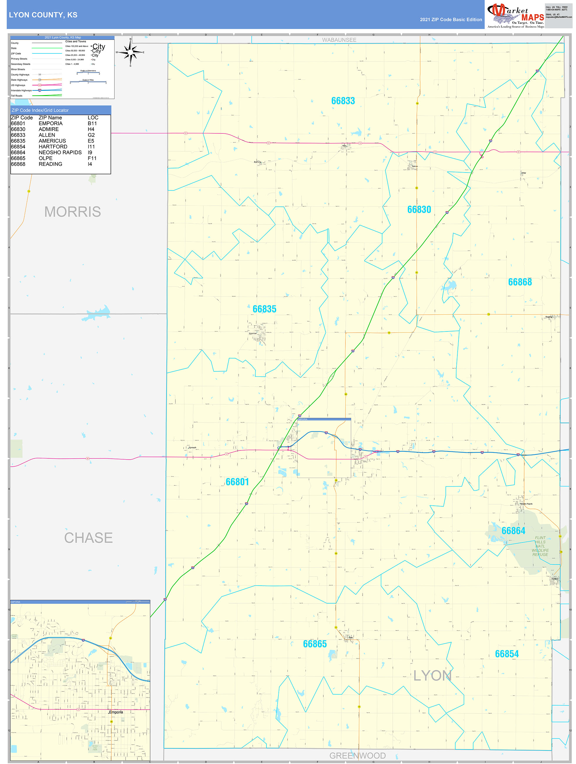 Lyon County, KS Zip Code Wall Map Basic Style by MarketMAPS