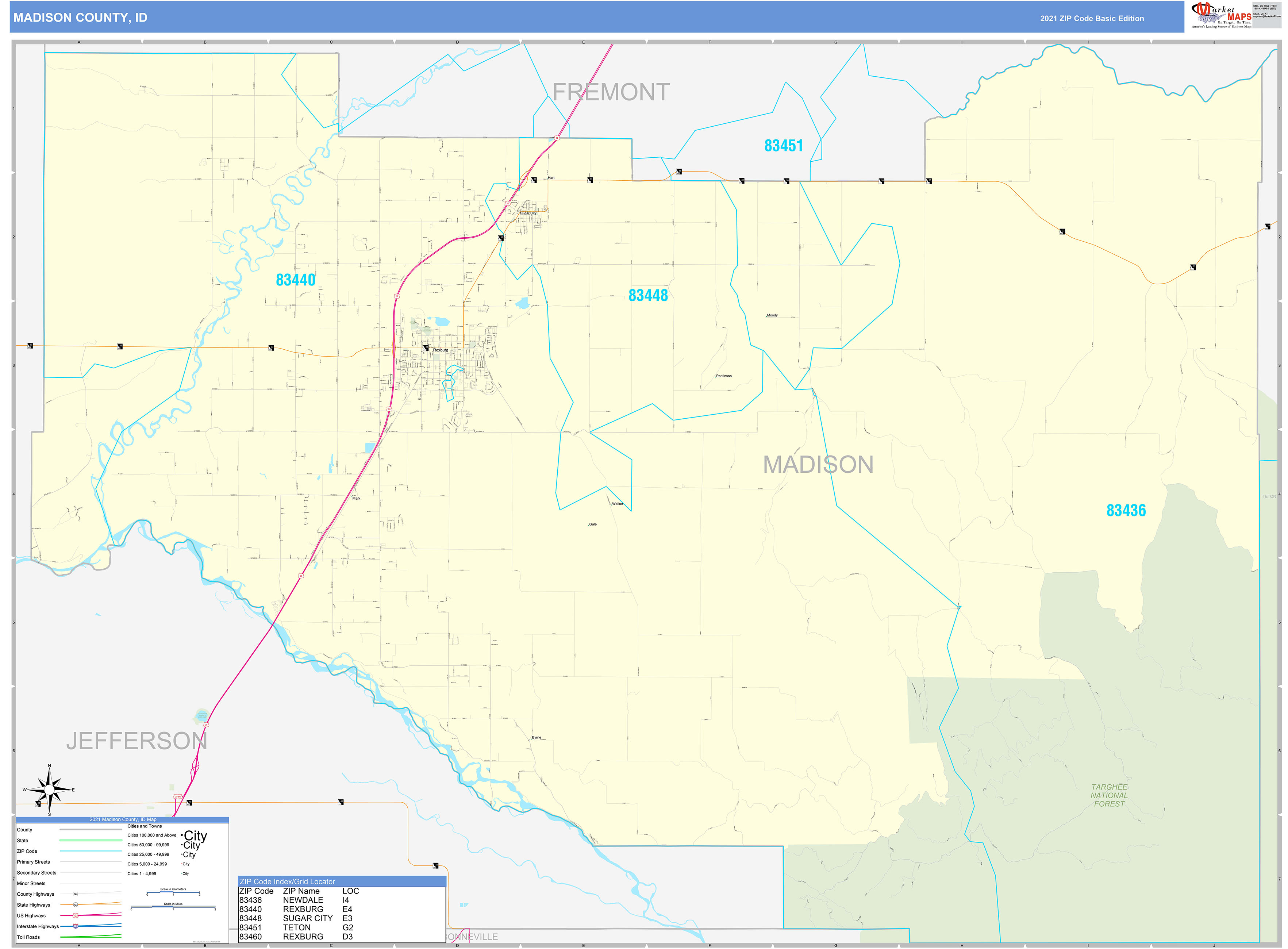Madison County, ID Zip Code Wall Map Basic Style by MarketMAPS