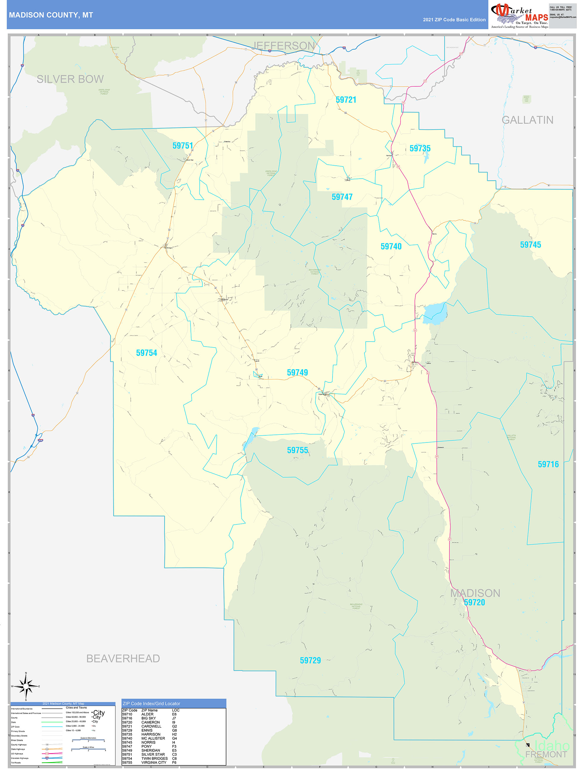 Madison County, MT Zip Code Wall Map Basic Style by MarketMAPS - MapSales