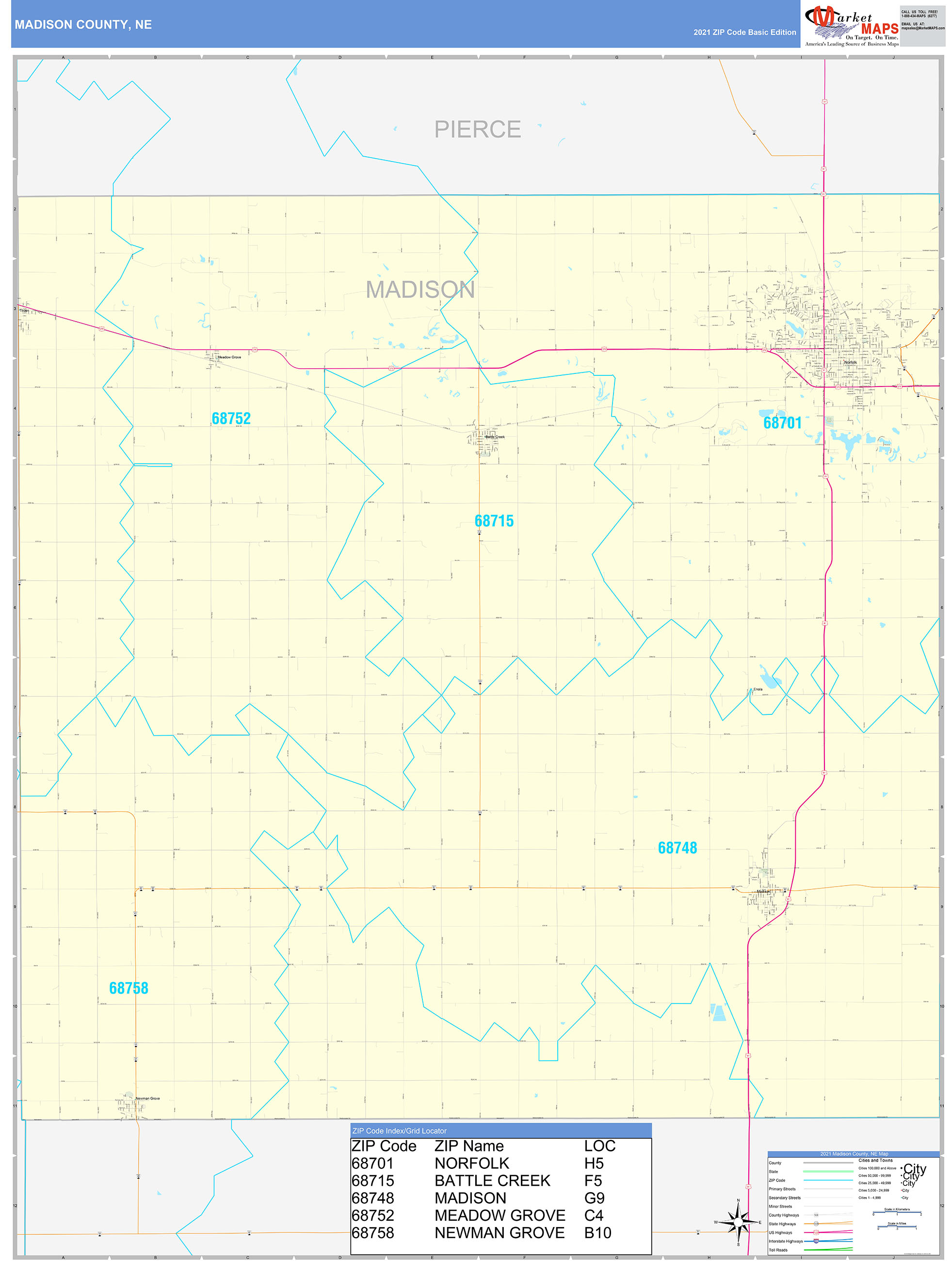 Madison County, NE Zip Code Wall Map Basic Style by MarketMAPS